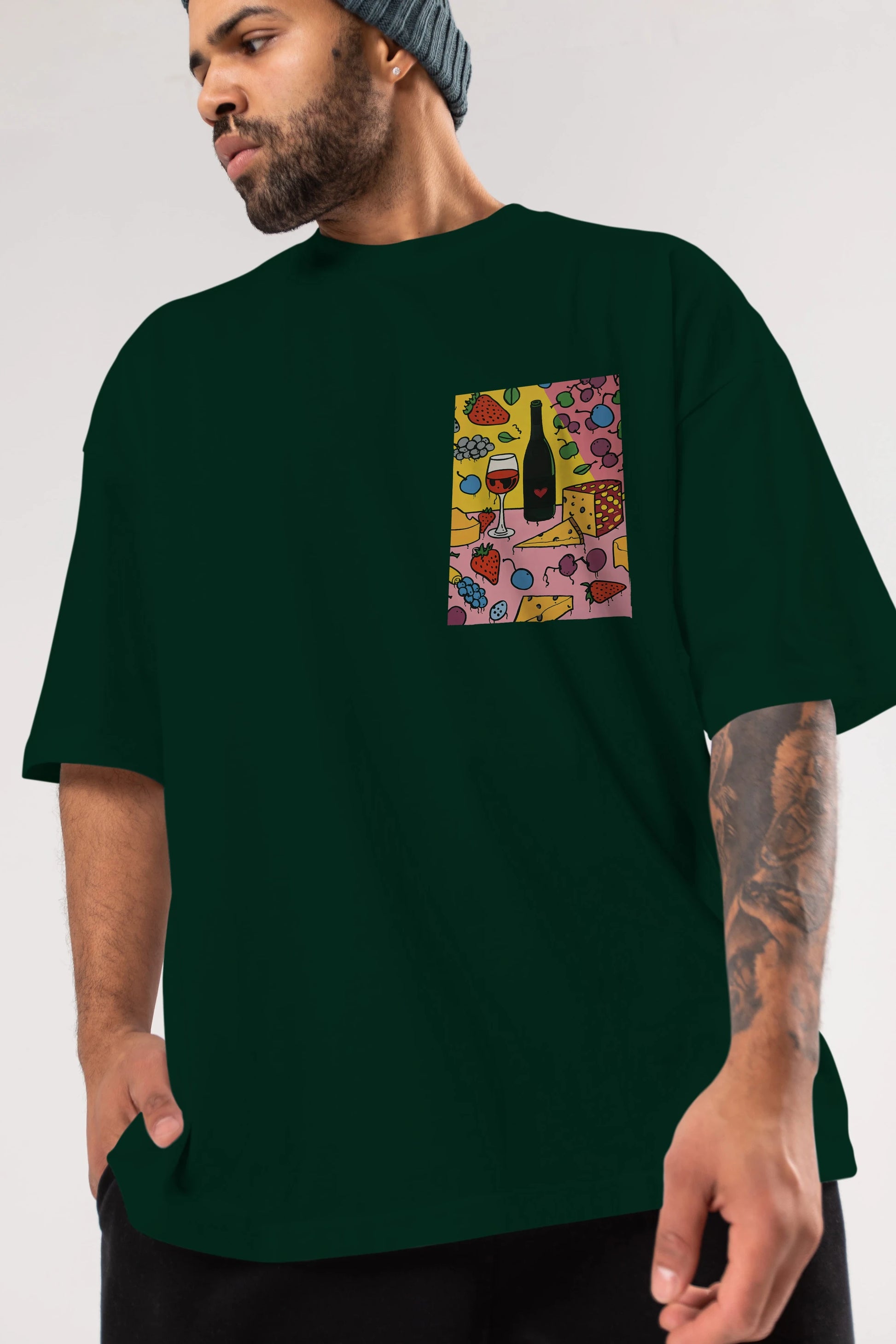 Wine Cheese Fruits Ön Sol Baskılı Oversize t-shirt Erkek Kadın Unisex %100 Pamuk Bisiklet Yaka tişort