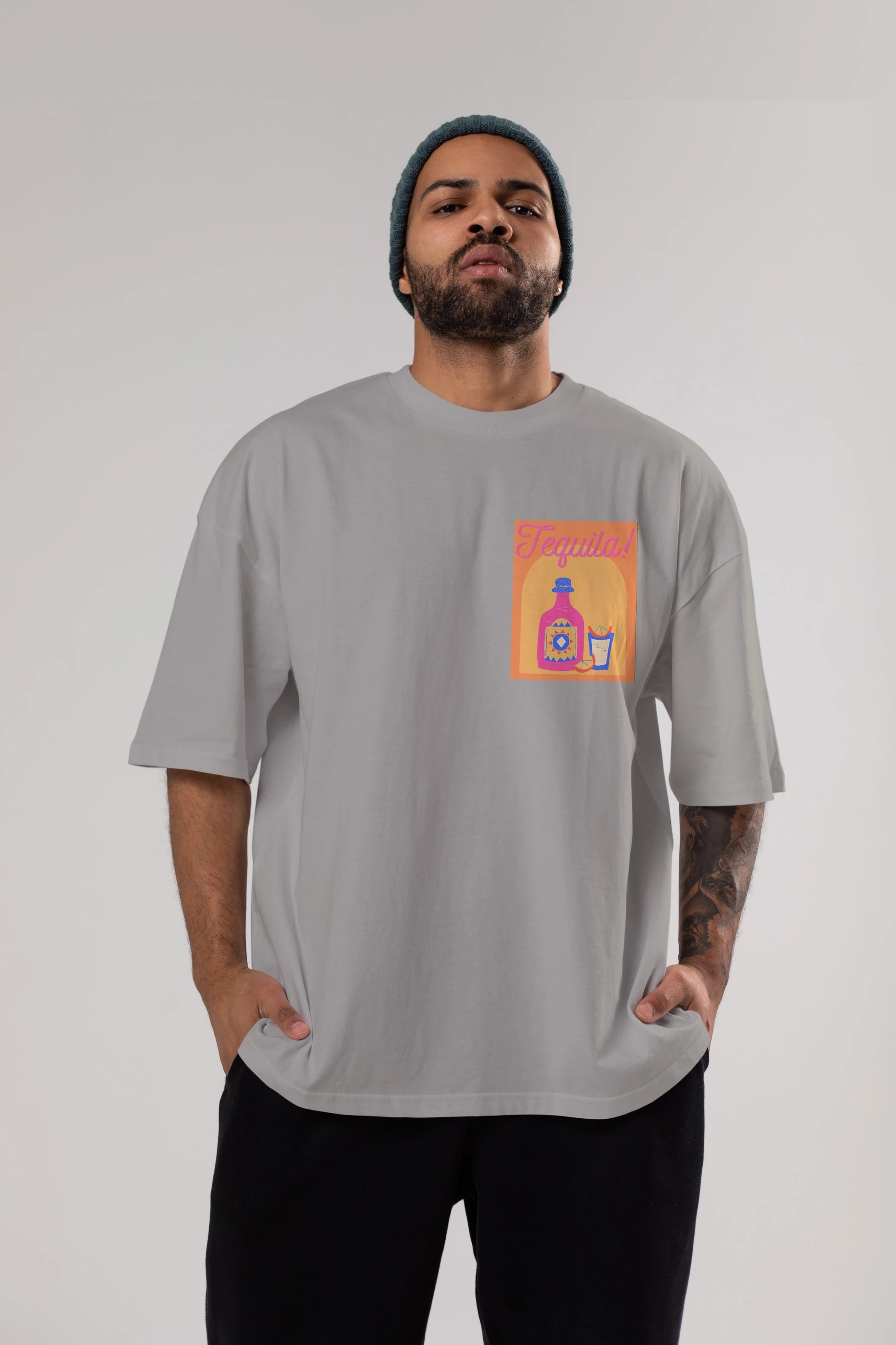 Tequila Ön Sol Baskılı Oversize t-shirt Erkek Kadın Unisex %100 Pamuk Bisiklet Yaka tişort