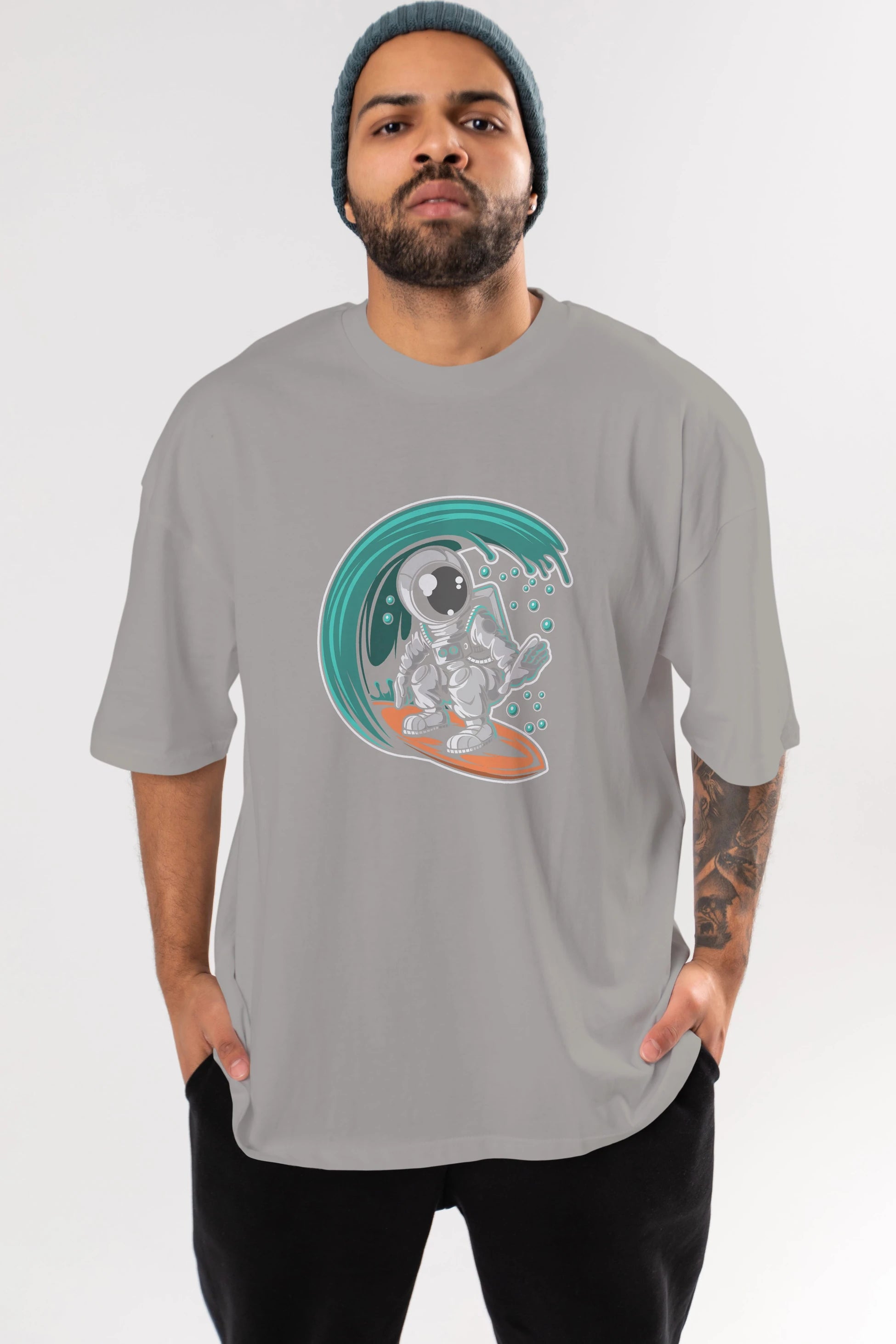 Astronaut Surfing Ön Baskılı Oversize t-shirt Erkek Kadın Unisex