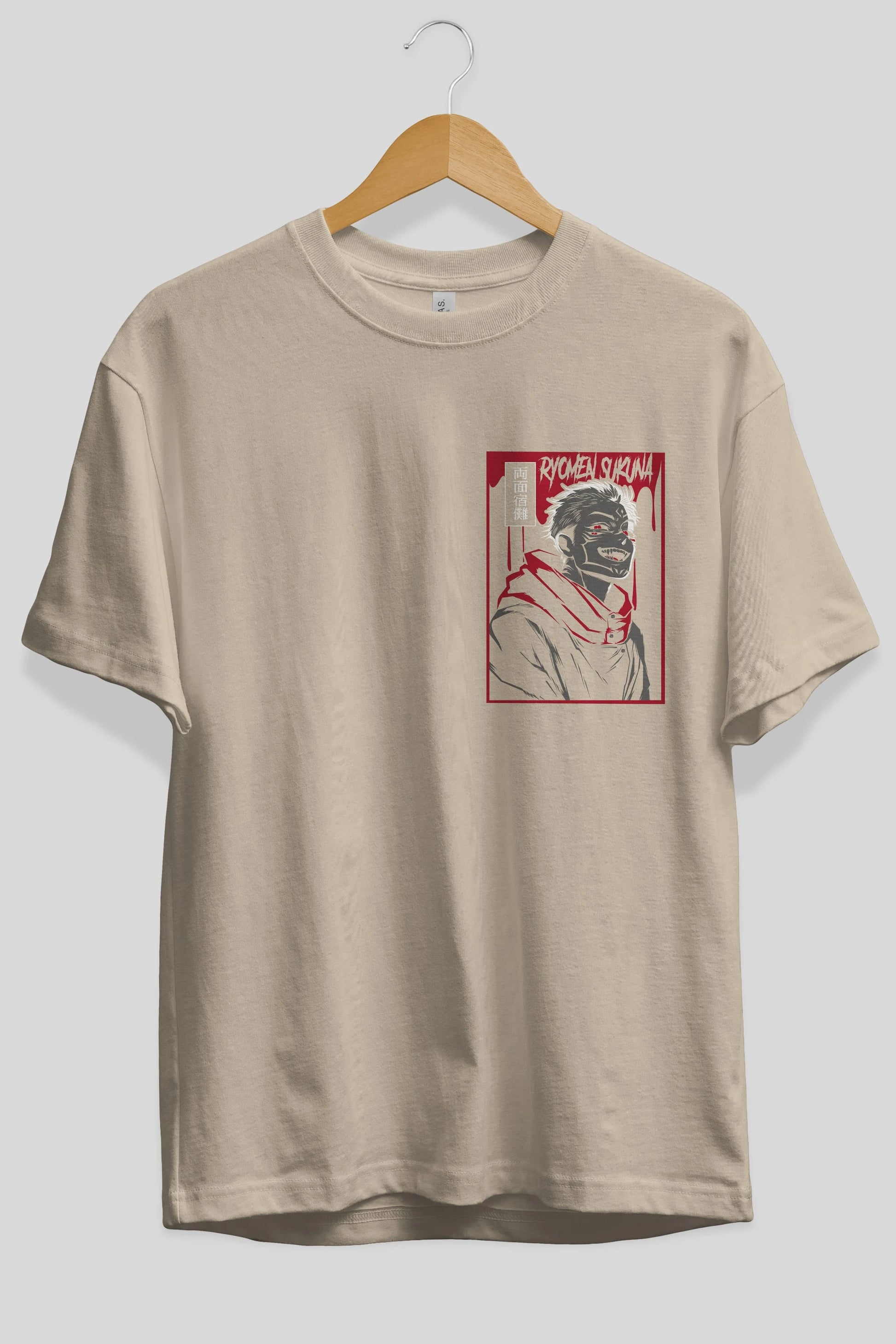 SUKUNA Ön Sol Baskılı Oversize t-shirt Erkek Kadın Unisex %100 Pamuk Bisiklet Yaka tişort
