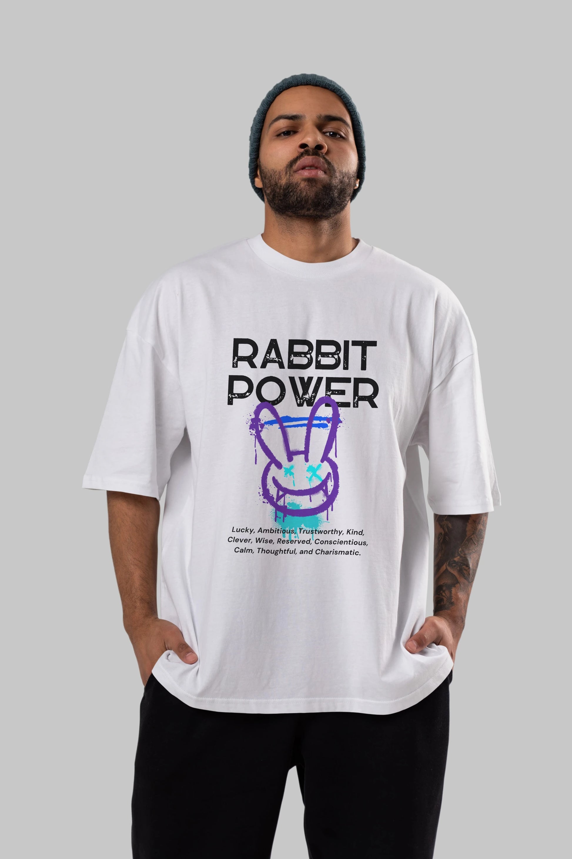 Rabbit Power Yazılı Ön Baskılı Oversize t-shirt Erkek Kadın Unisex