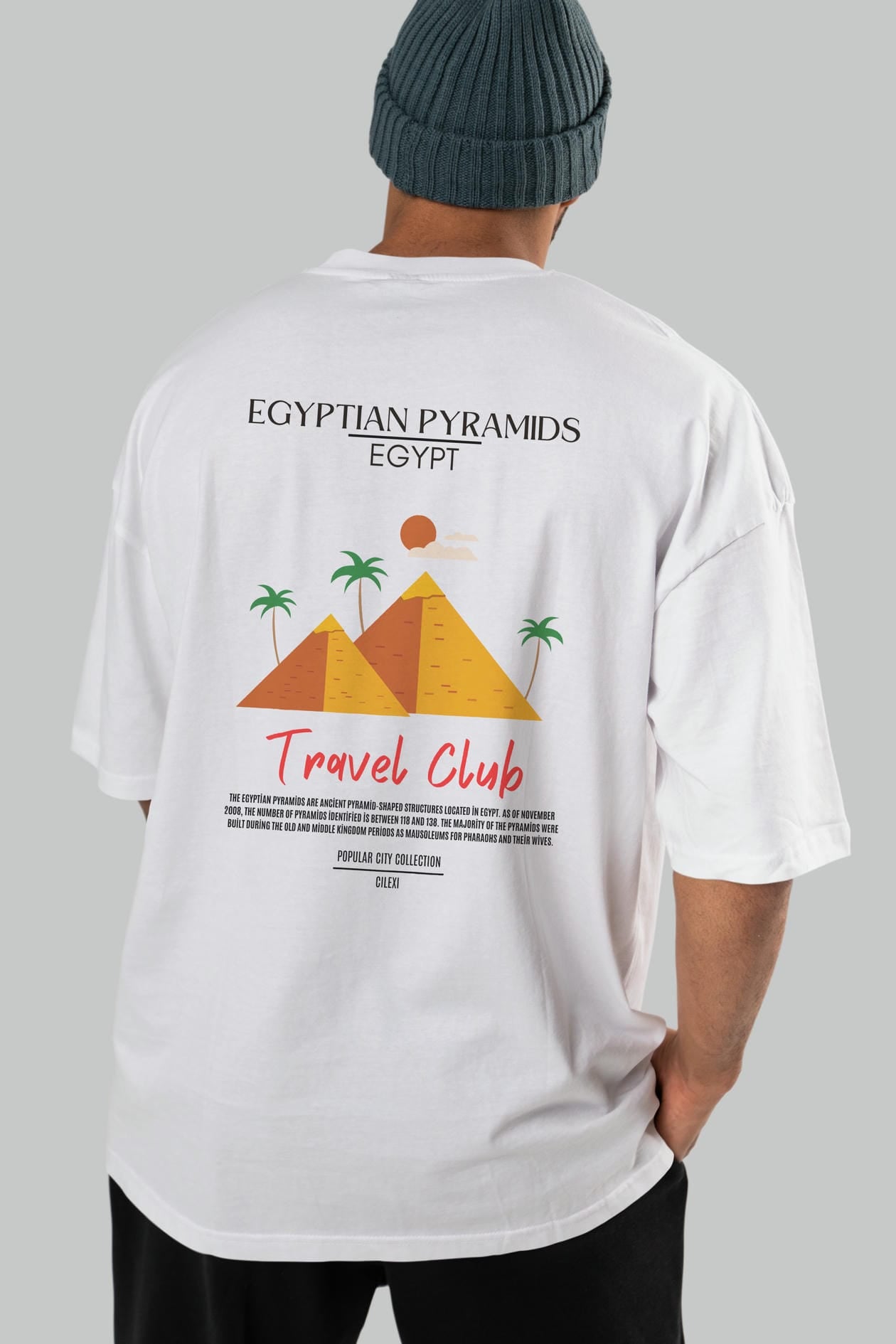 Egyptian Pyramids Egypt Arka Baskılı Oversize t-shirt Erkek Kadın Pamuk Bisiklet Yaka tişort