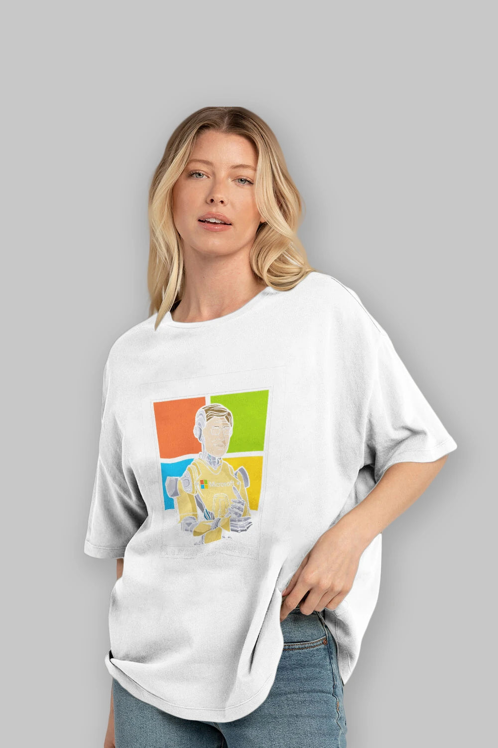 Bill Gates Robot Human Ön Baskılı Oversize t-shirt Erkek Kadın Unisex %100 Pamuk tişort