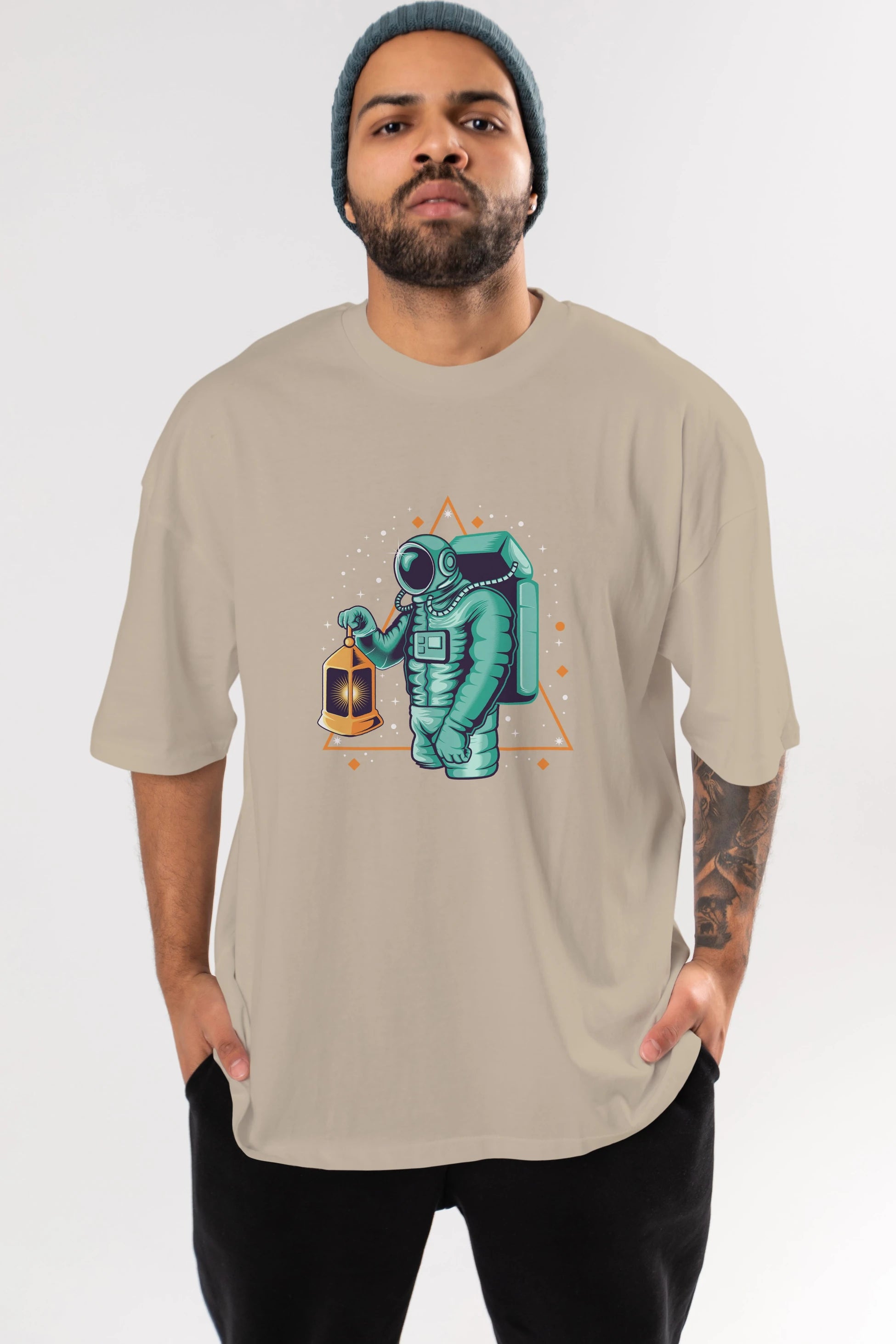 Astronaut Lantern Ön Baskılı Oversize t-shirt Erkek Kadın Unisex