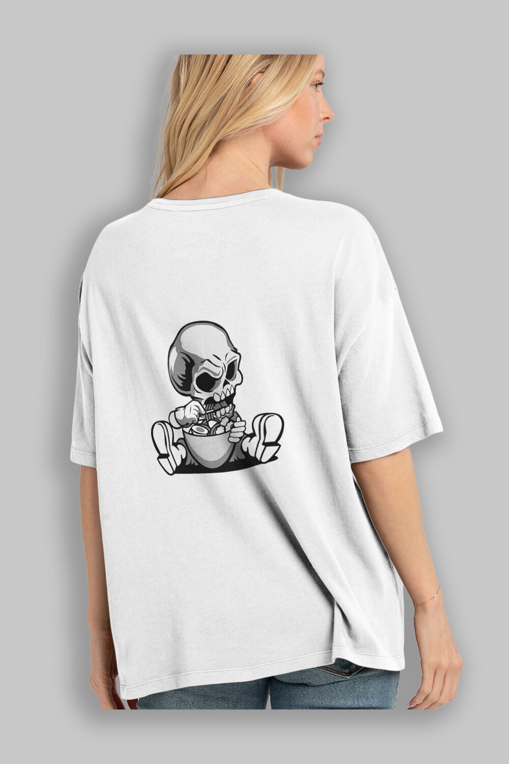 Skull Eat Ramen Arka Baskılı Oversize t-shirt Erkek Kadın Unisex %100 Pamuk tişort