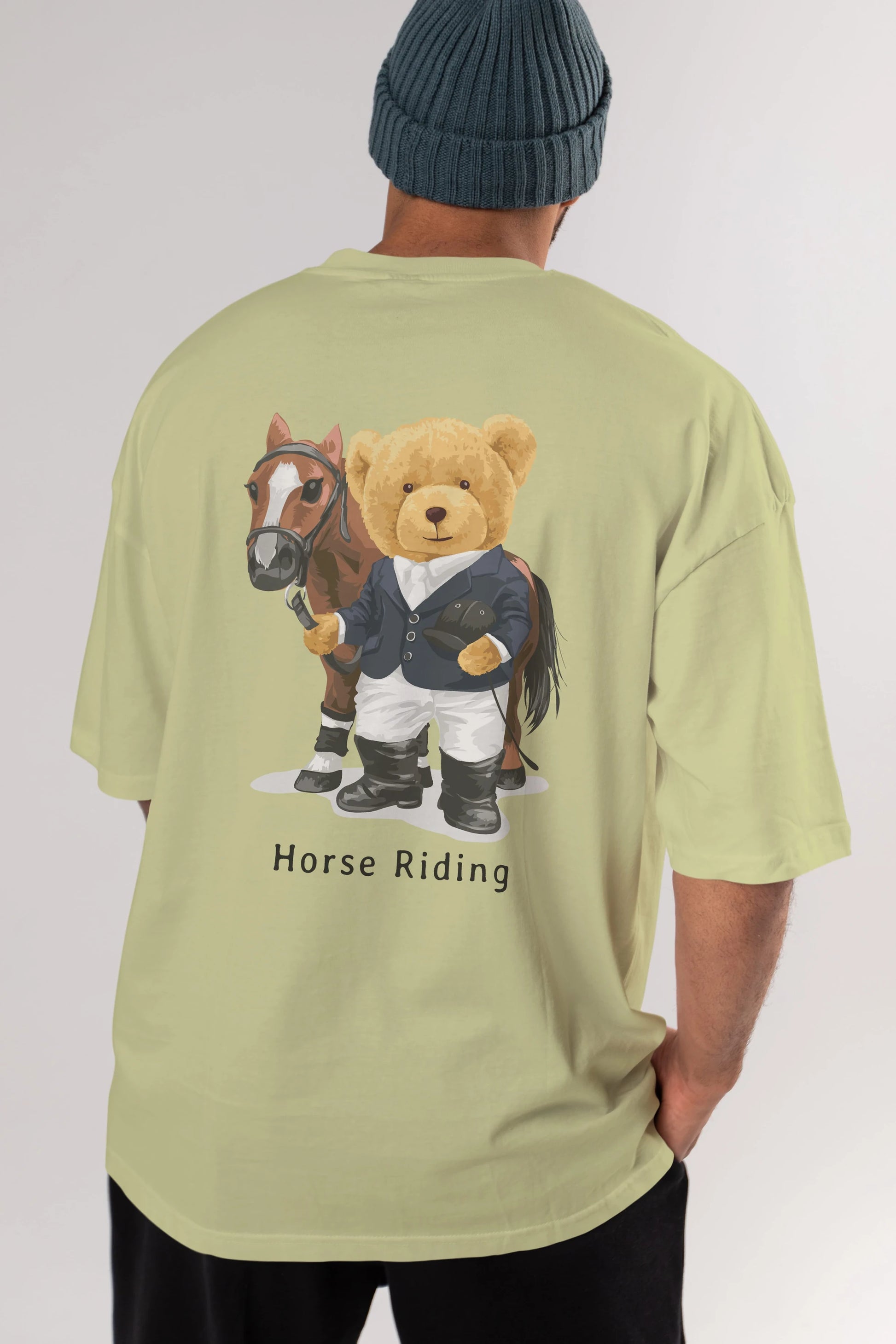 Teddy Bear Horse Riding Arka Baskılı Oversize t-shirt Erkek Kadın Unisex %100 Pamuk