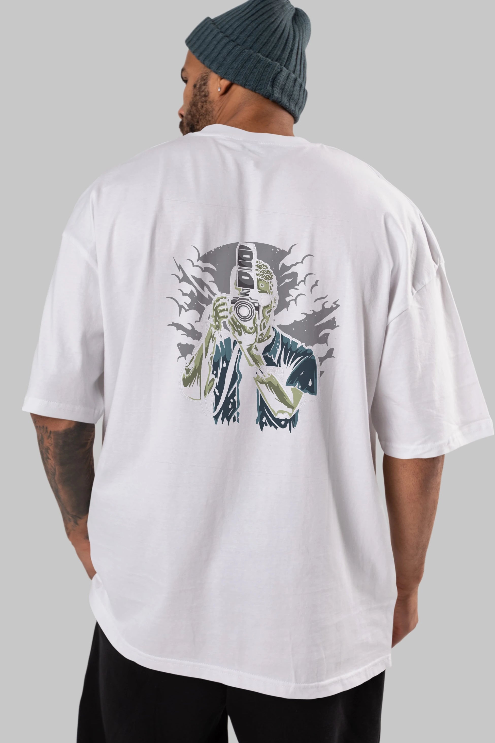 Zombie Photographer Arka Baskılı Oversize t-shirt Erkek Kadın Unisex %100 Pamuk