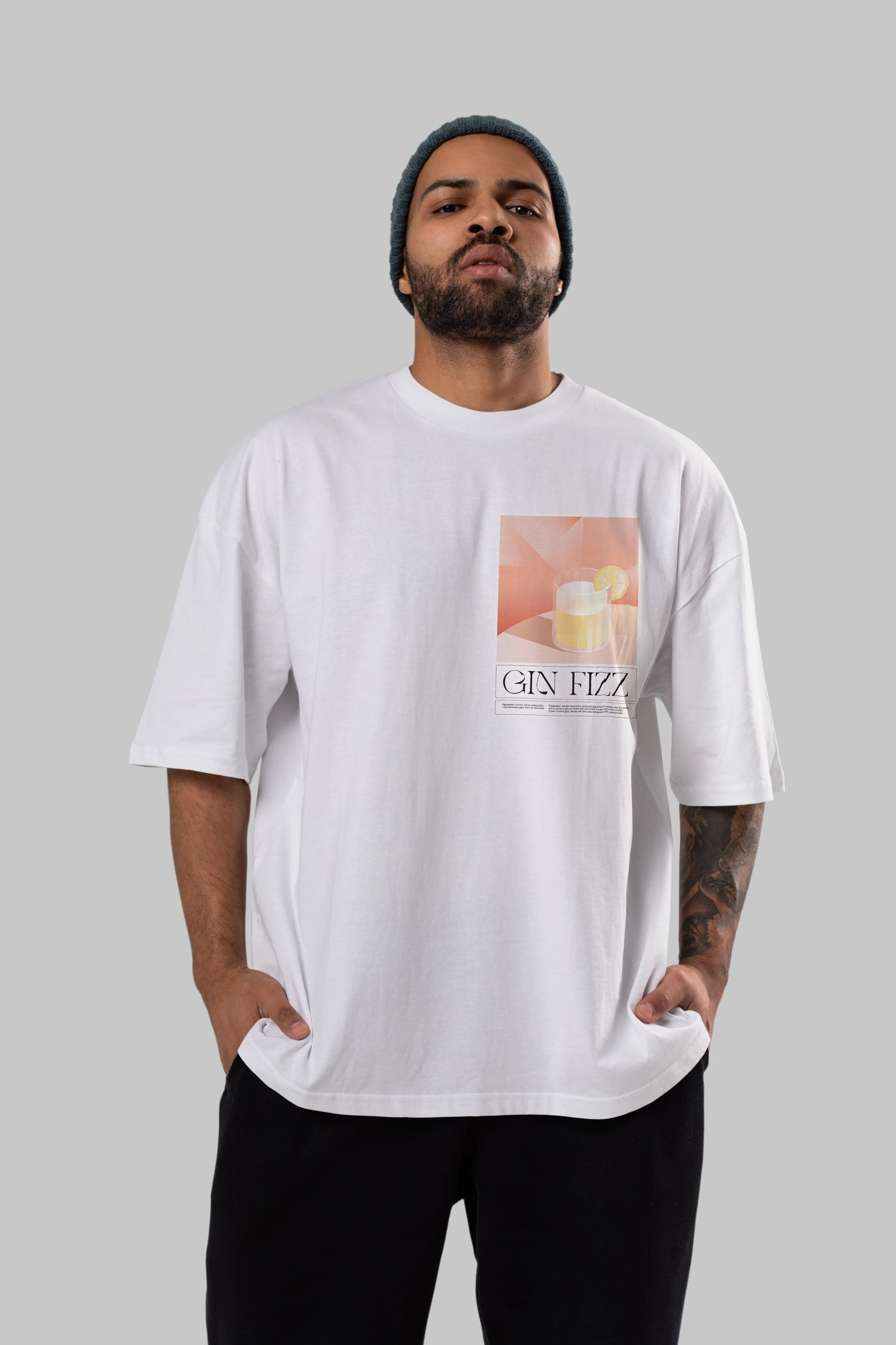 Gin Fizz Ön Sol Baskılı Oversize t-shirt Erkek Kadın Unisex %100 Pamuk Bisiklet Yaka tişort