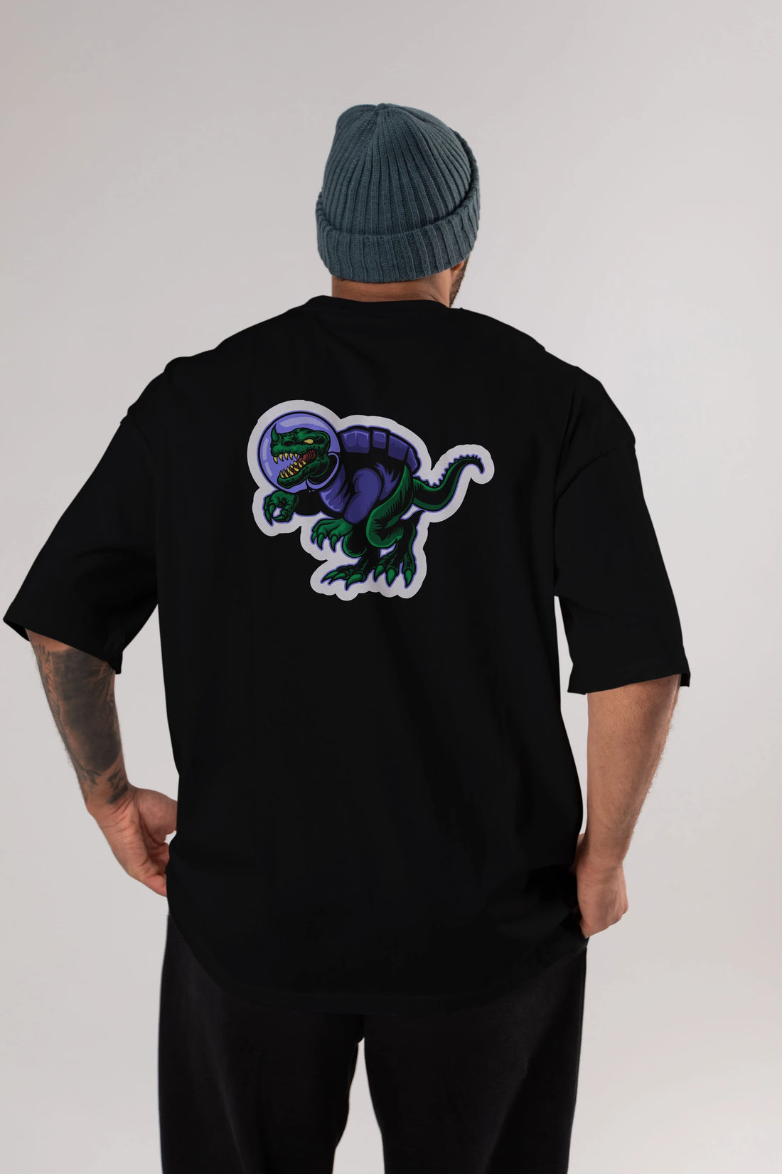 Space Dino Sticker Arka Baskılı Oversize t-shirt Erkek Kadın Unisex