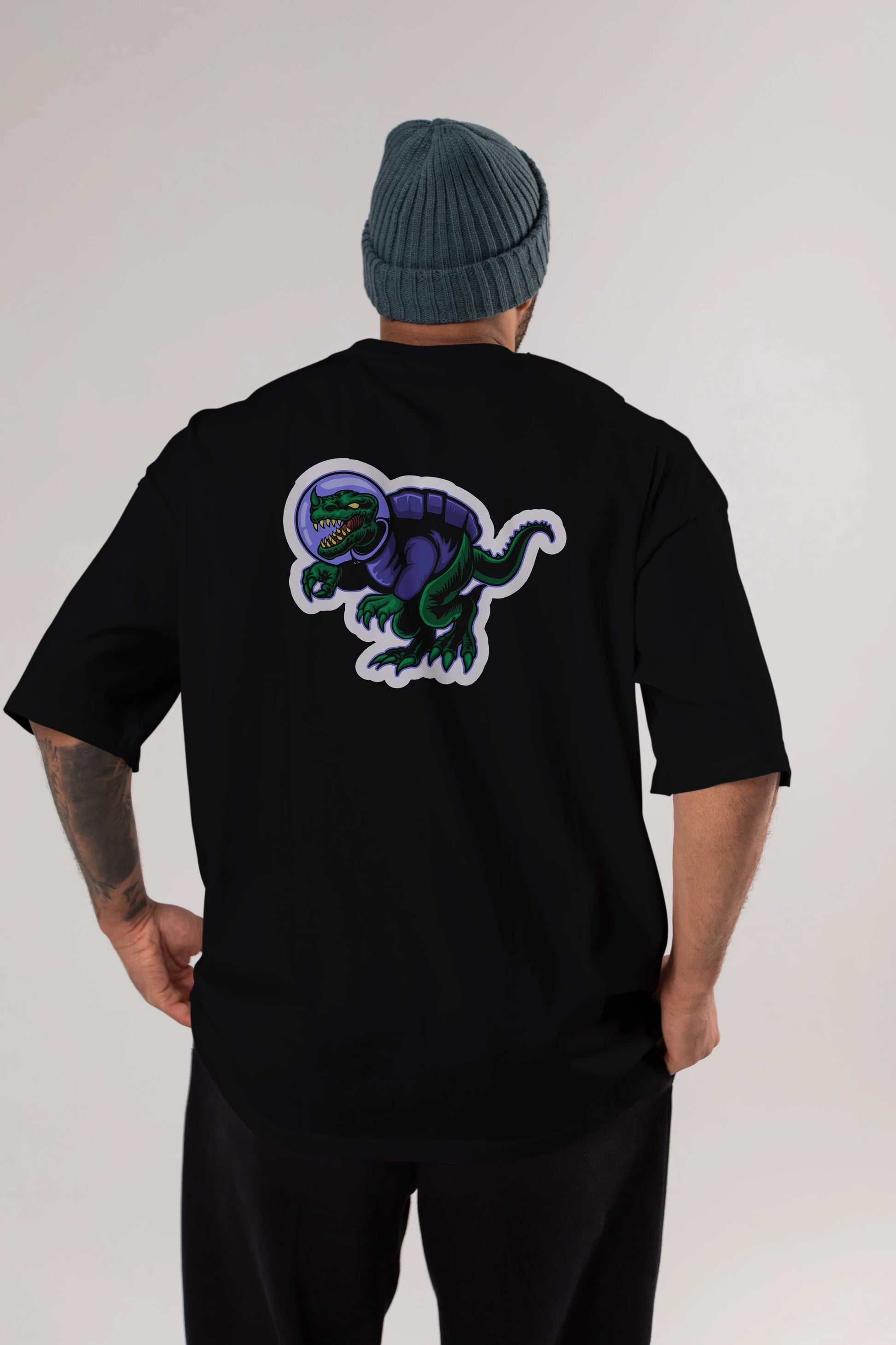 Space Dino Sticker Arka Baskılı Oversize t-shirt Erkek Kadın Unisex