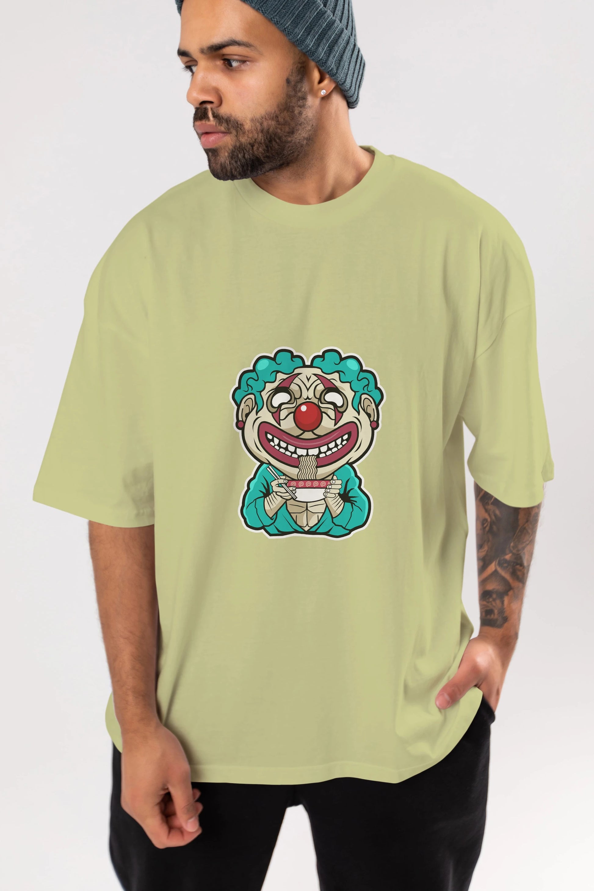 Clown Ramen Ön Baskılı Oversize t-shirt Erkek Kadın Unisex %100 Pamuk tişort