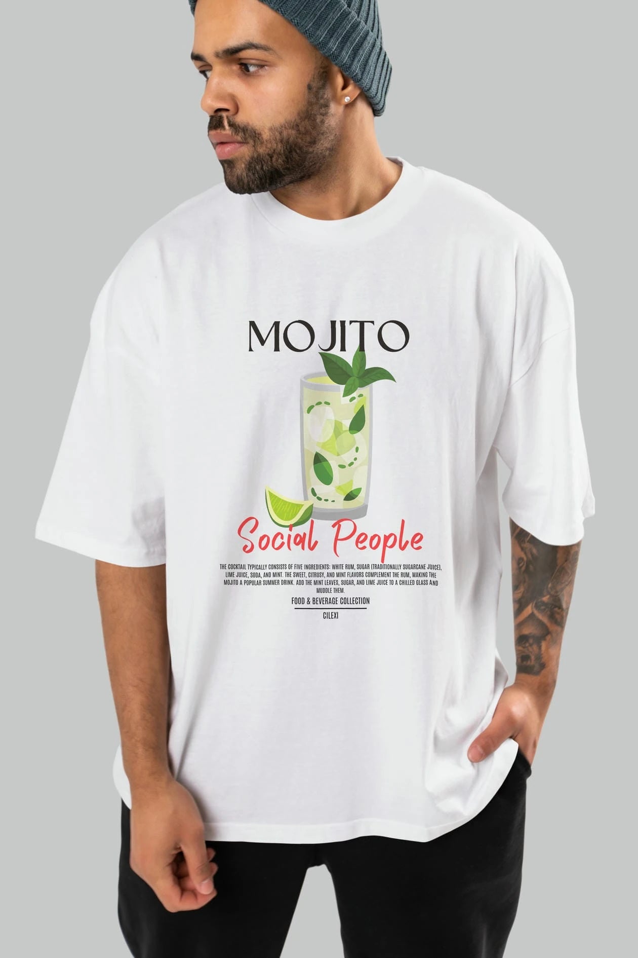 Mojıto Kokteyl Serisi ön Baskılı Oversize t-shirt Erkek Kadın %100 Pamuk Bisiklet Yaka tişort