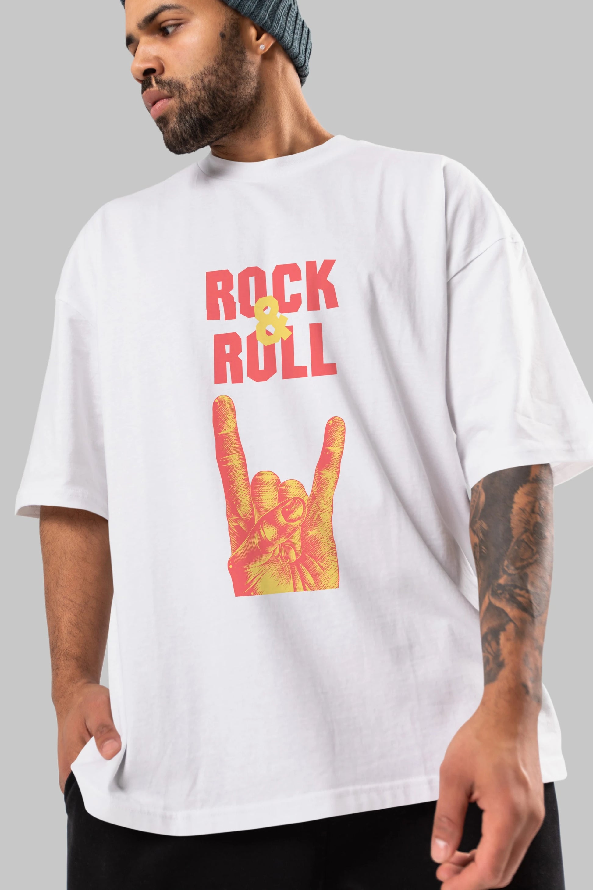 Rock & Roll Yazılı Ön Baskılı Oversize t-shirt Erkek Kadın Unisex