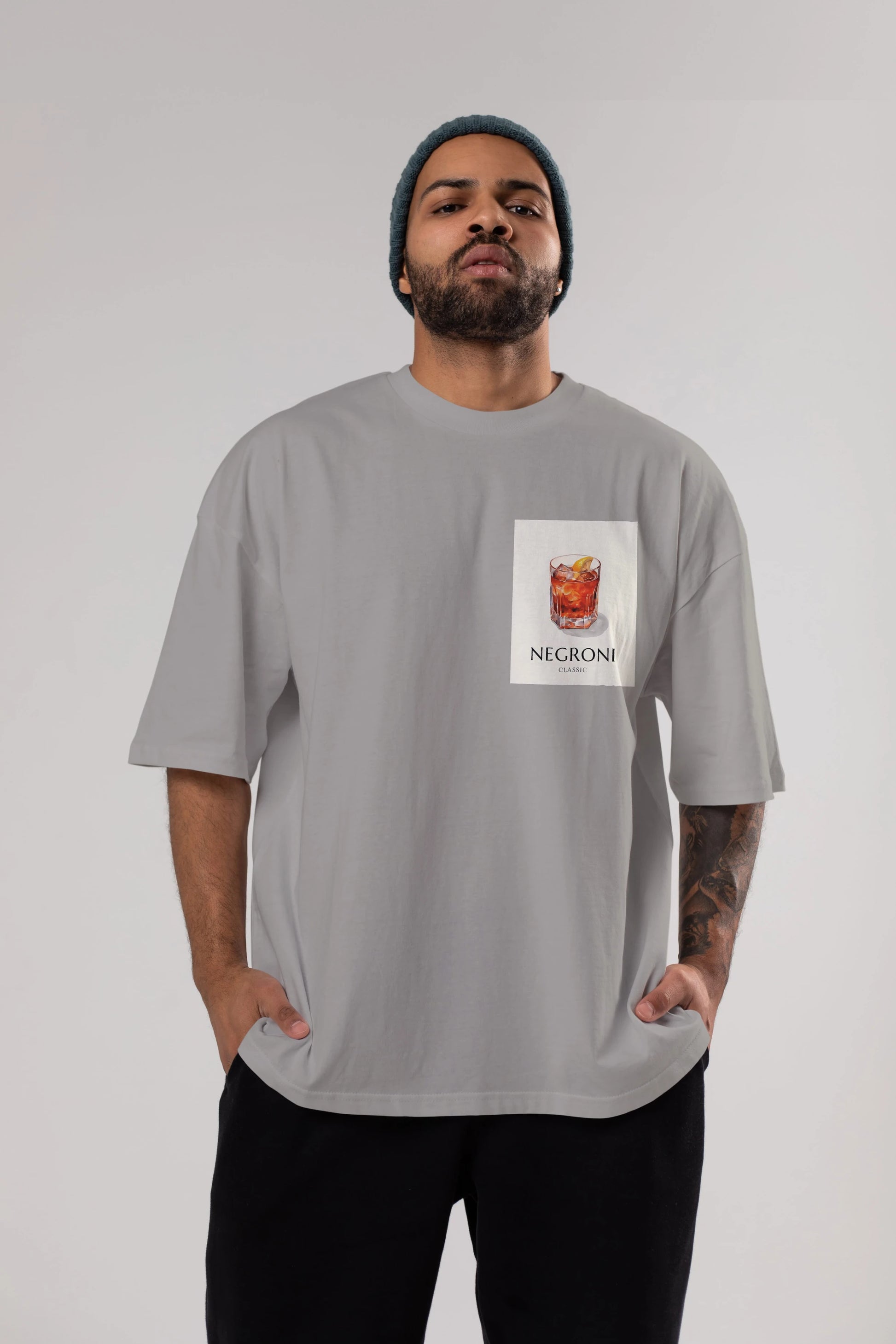 Negroni Classic Ön Sol Baskılı Oversize t-shirt Erkek Kadın Unisex %100 Pamuk Bisiklet Yaka tişort
