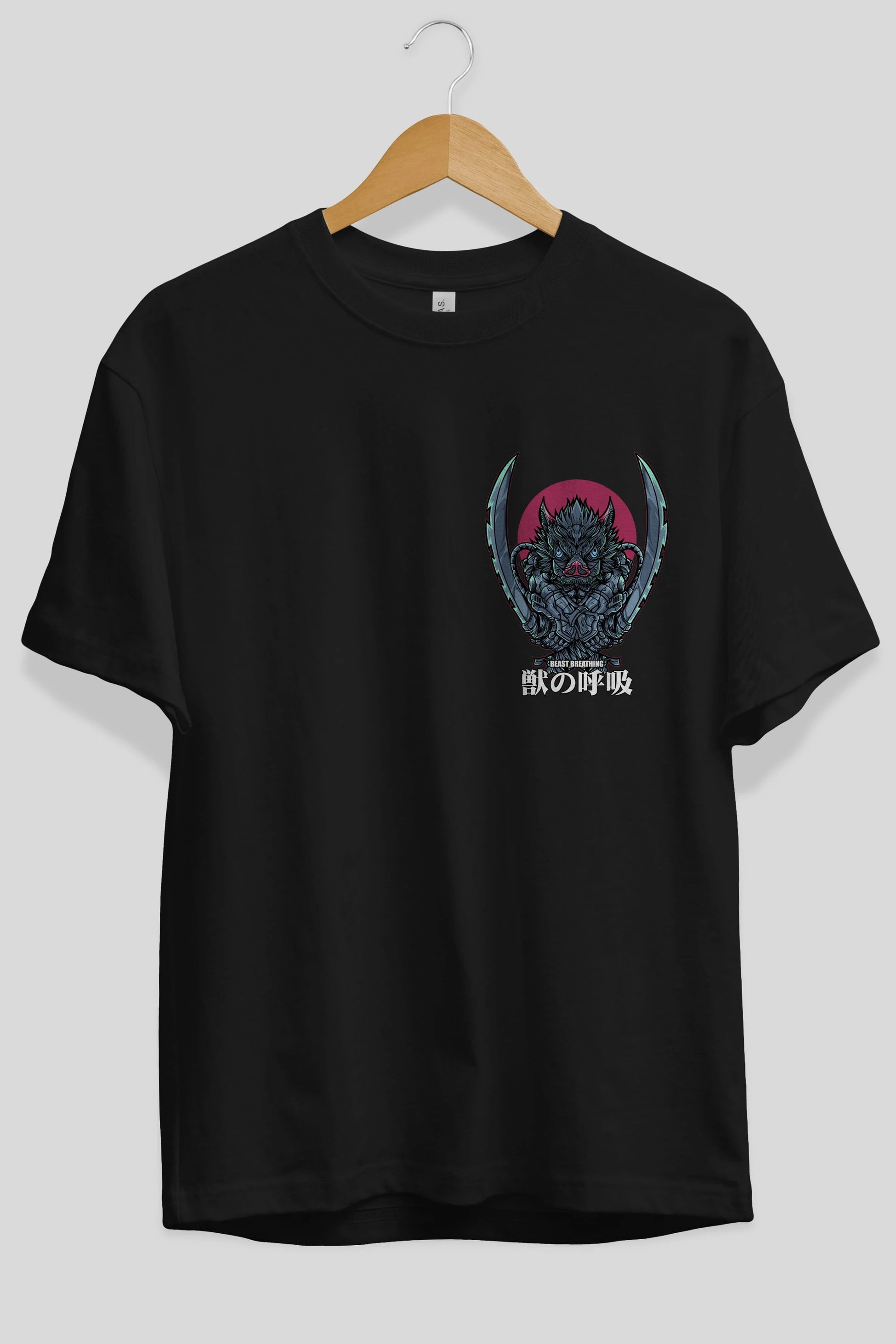 Inosuke DEMON SLAYER Ön Sol Baskılı Oversize t-shirt Erkek Kadın Unisex %100 Pamuk Bisiklet Yaka tişort
