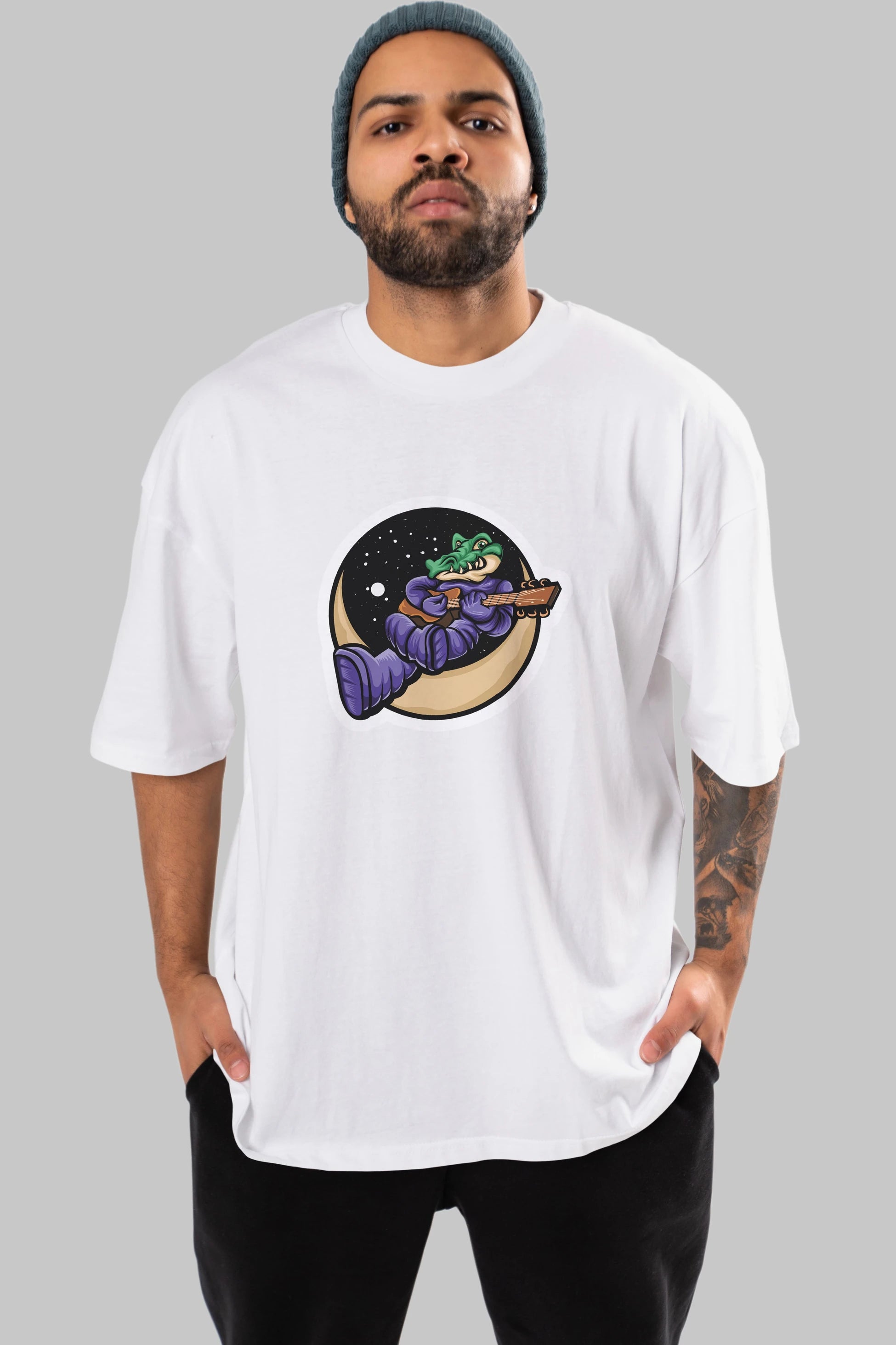 Space Crocodile Sticker Ön Baskılı Oversize t-shirt Erkek Kadın Unisex