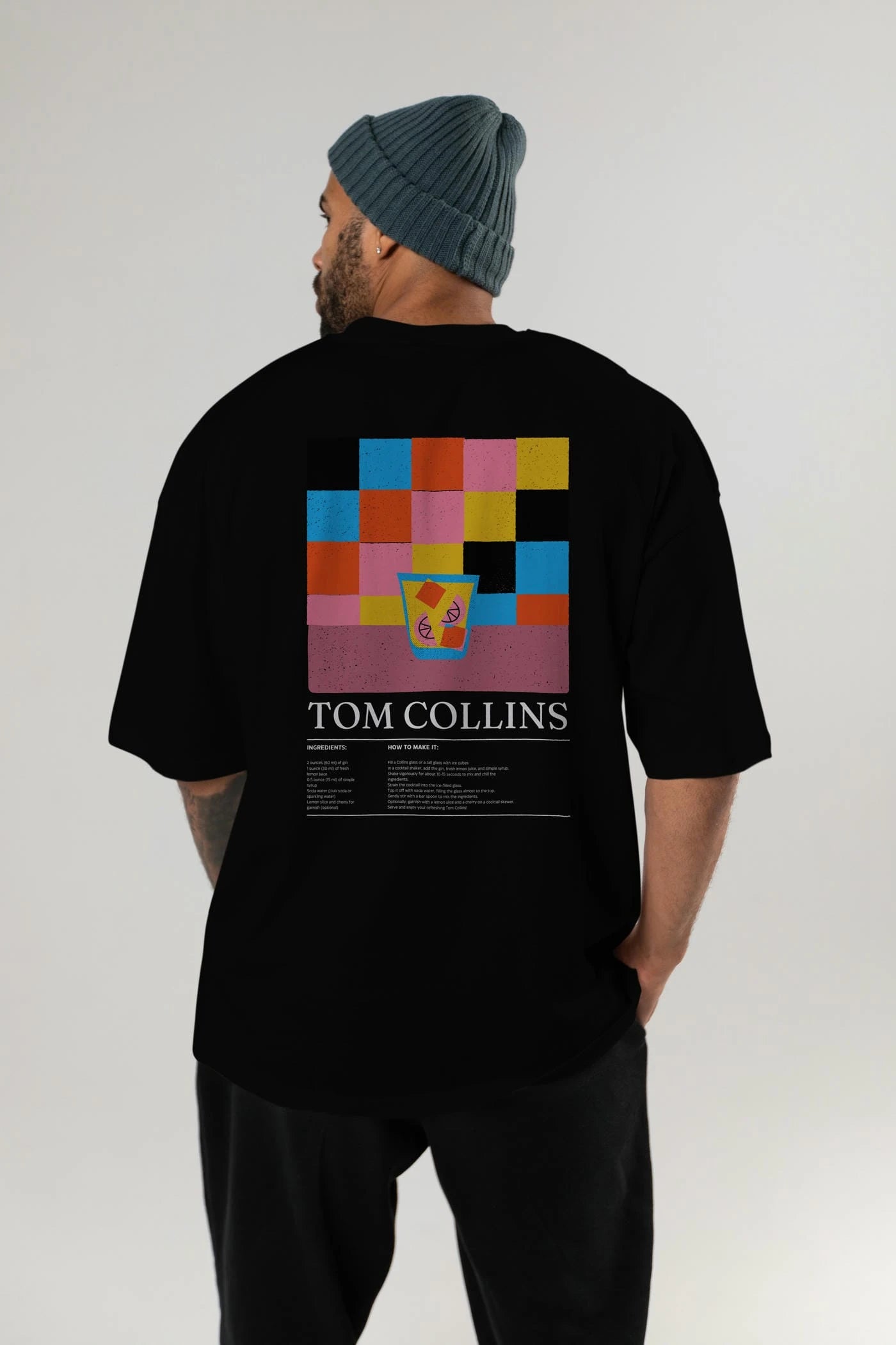 Tom Collins Kokteyl Serisi Arka Baskılı Oversize t-shirt Erkek Kadın %100 Pamuk Bisiklet Yaka tişort