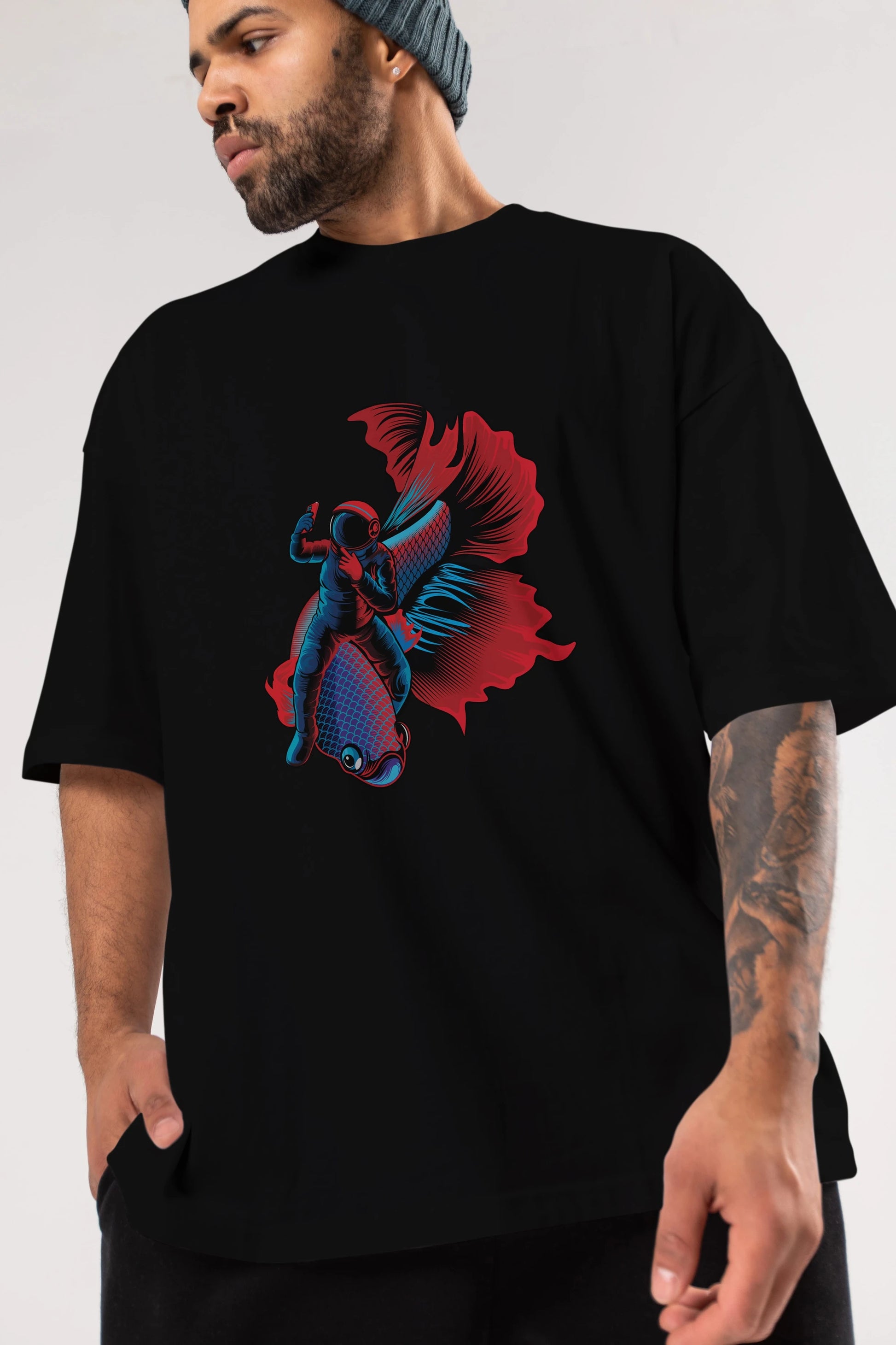Astrofish selfie Ön Baskılı Oversize t-shirt Erkek Kadın Unisex