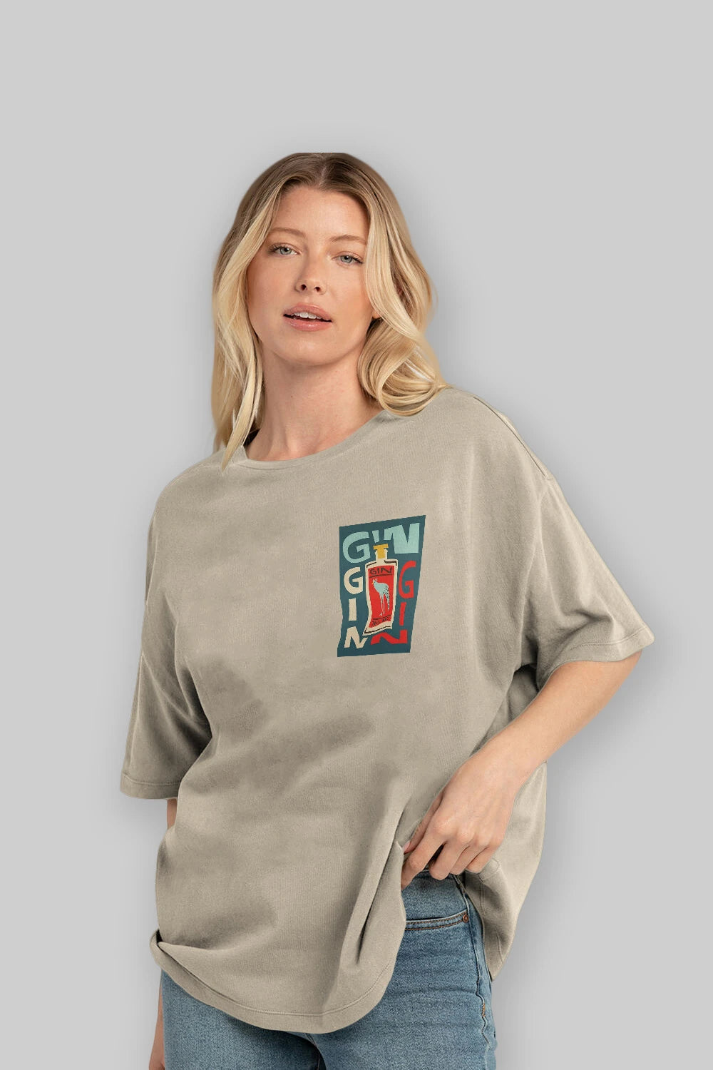Gin 2 Ön Sol Baskılı Oversize t-shirt Erkek Kadın Unisex %100 Pamuk Bisiklet Yaka tişort