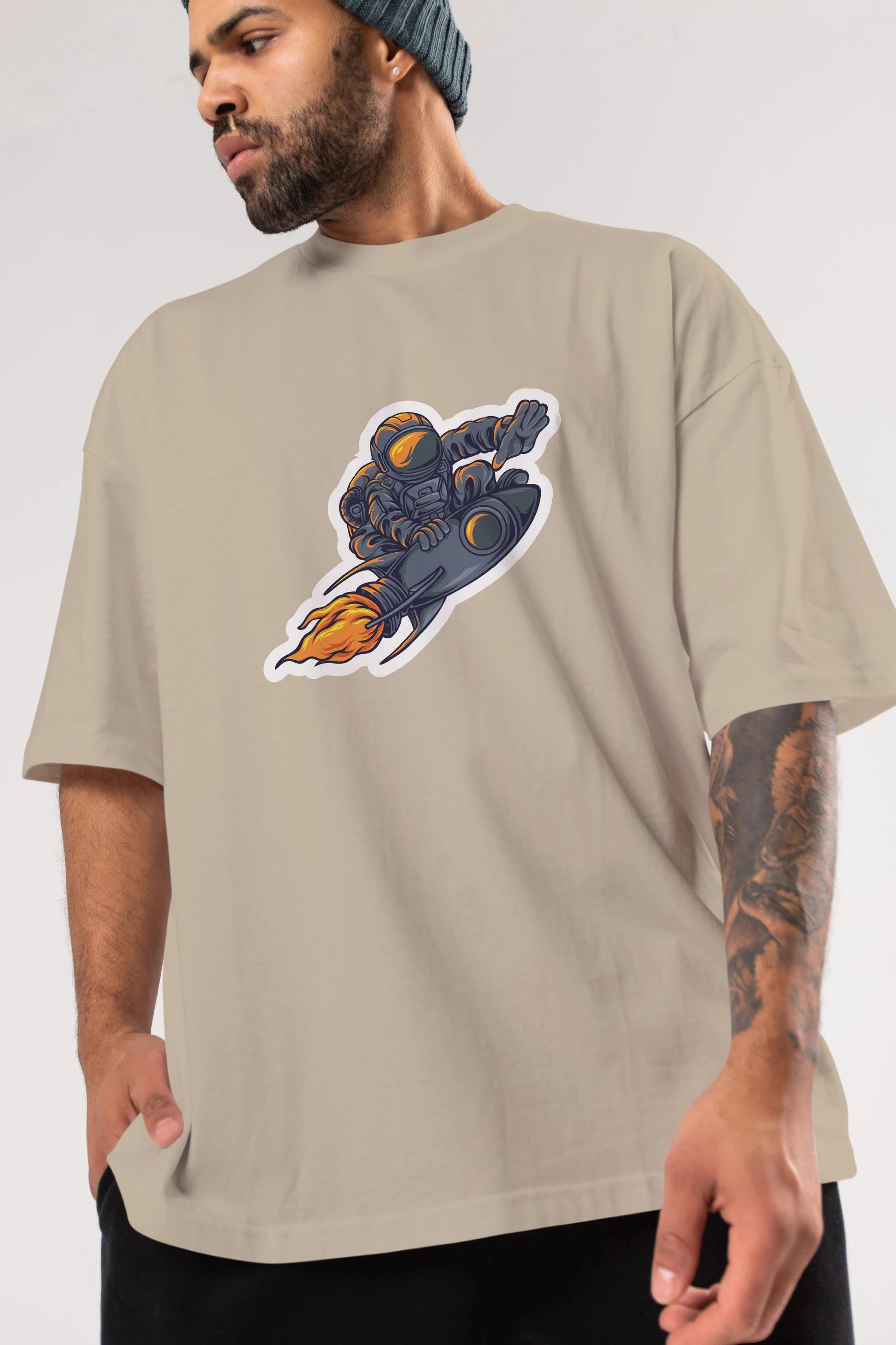 Astrocket Illustration Sticker Ön Baskılı Oversize t-shirt Erkek Kadın Unisex