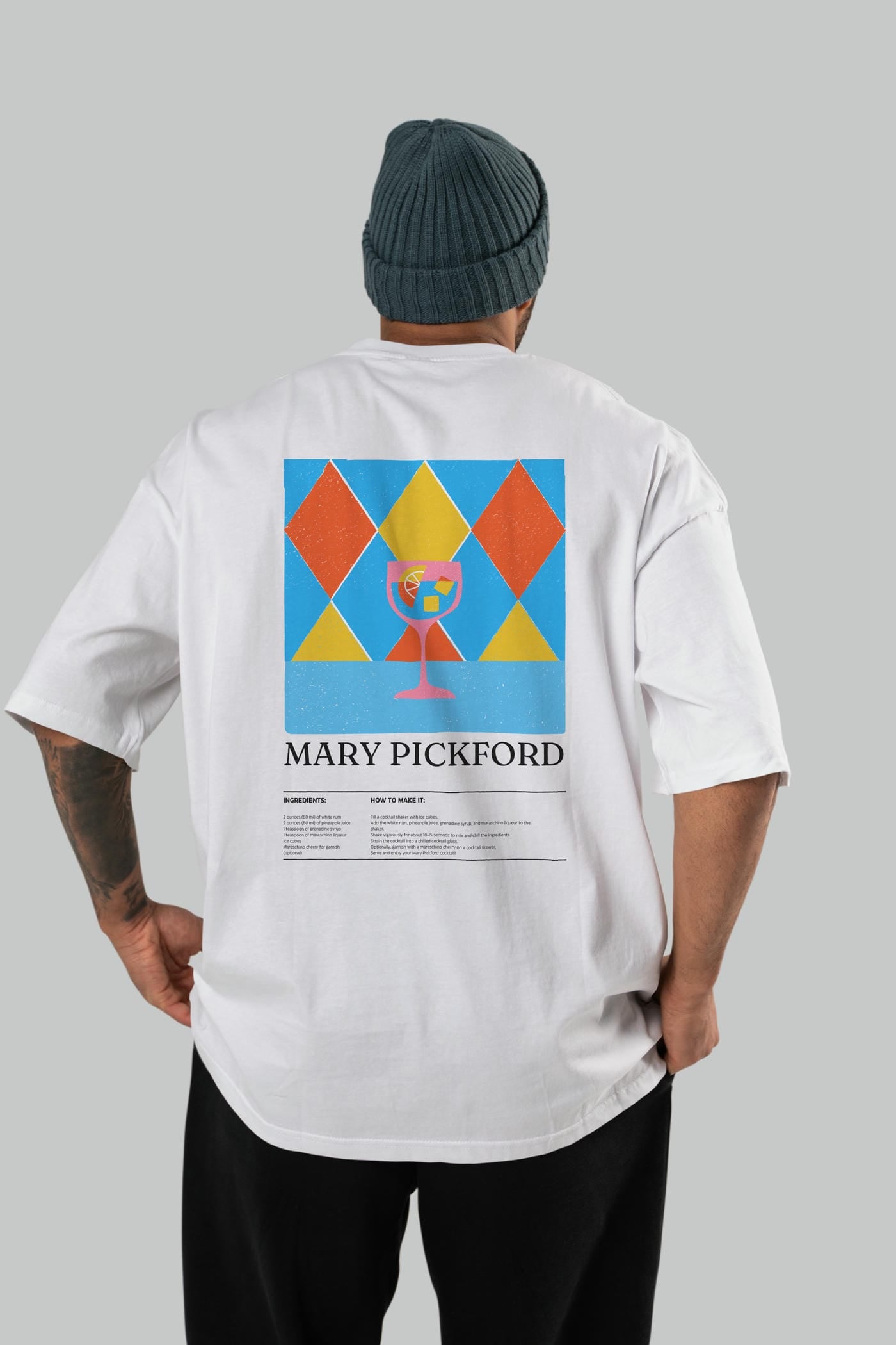 Mary Pickford Kokteyl Serisi Arka Baskılı Oversize t-shirt Erkek Kadın %100 Pamuk Bisiklet Yaka tişort