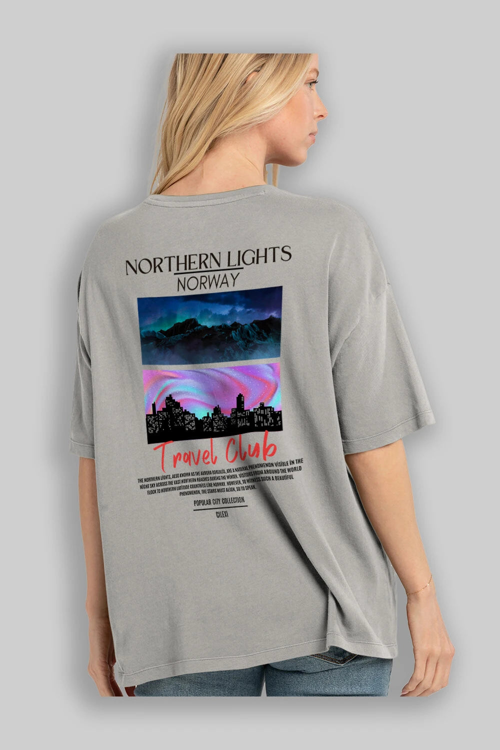 Northern Lights Norway Arka Baskılı Oversize t-shirt Erkek Kadın Pamuk Bisiklet Yaka tişort