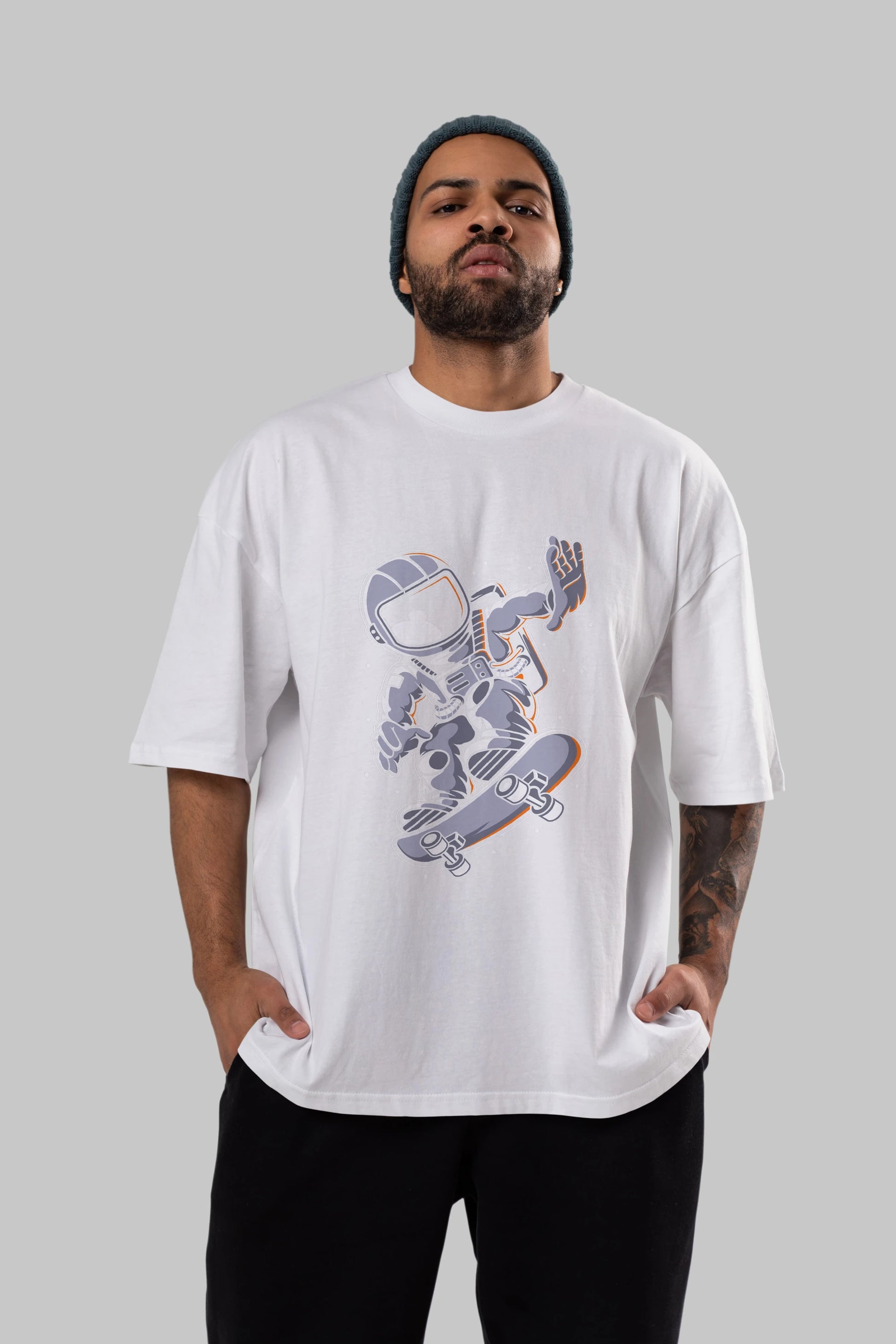 Astronaut Skateboard Ön Baskılı Oversize t-shirt Erkek Kadın Unisex