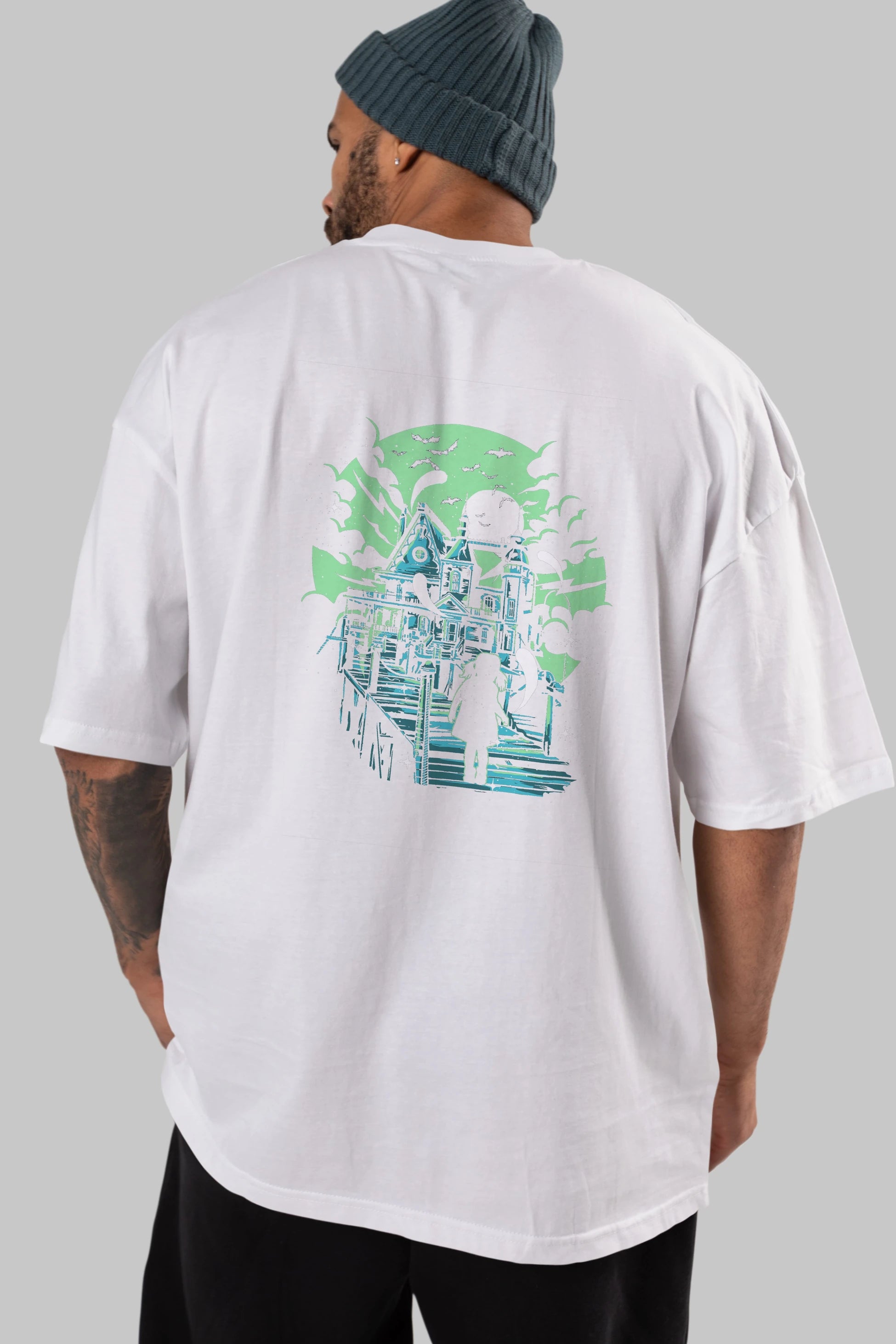 Haunted House Arka Baskılı Oversize t-shirt Erkek Kadın Unisex %100 Pamuk