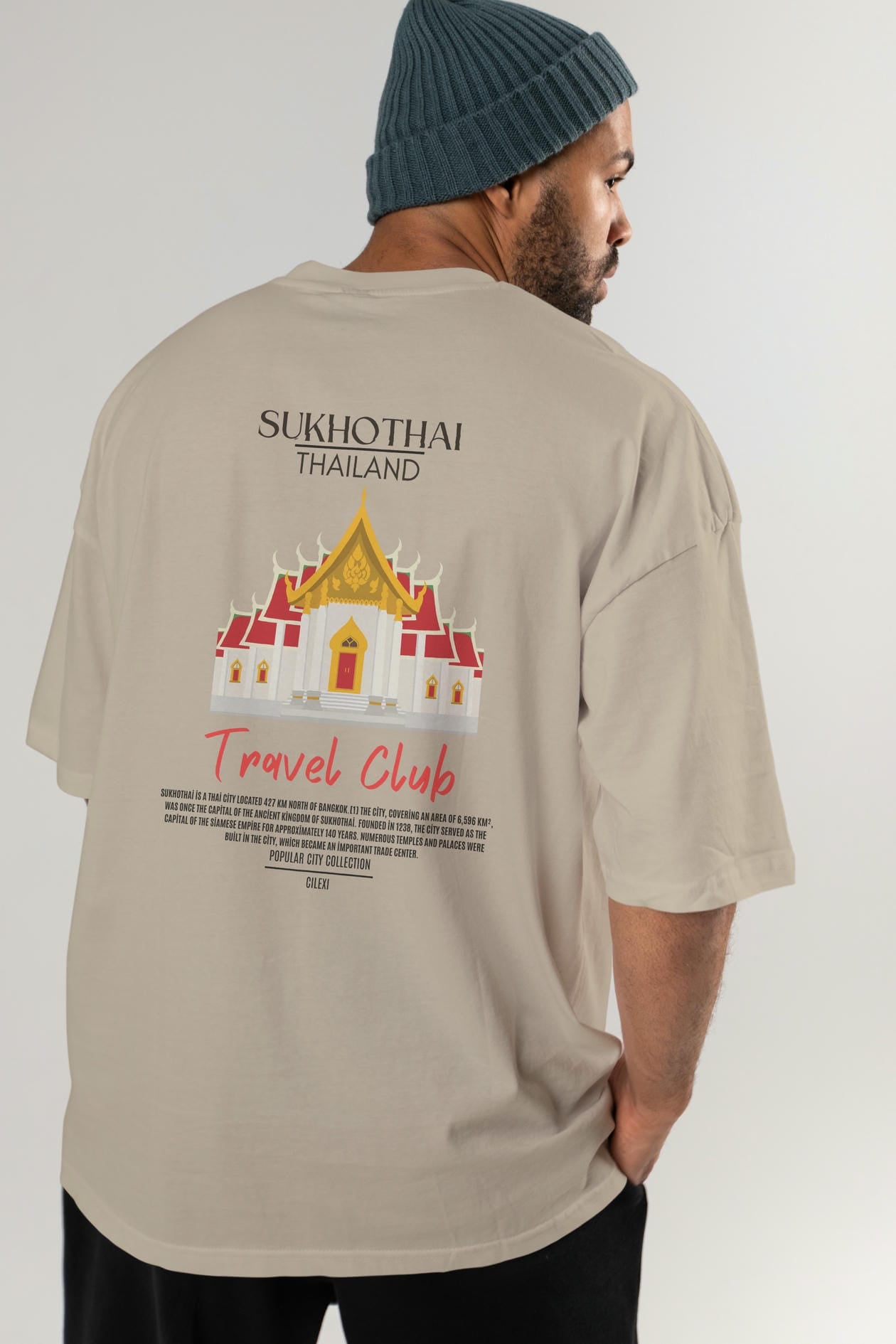 Sukhothai Thailand Arka Baskılı Oversize t-shirt Erkek Kadın Pamuk Bisiklet Yaka tişort