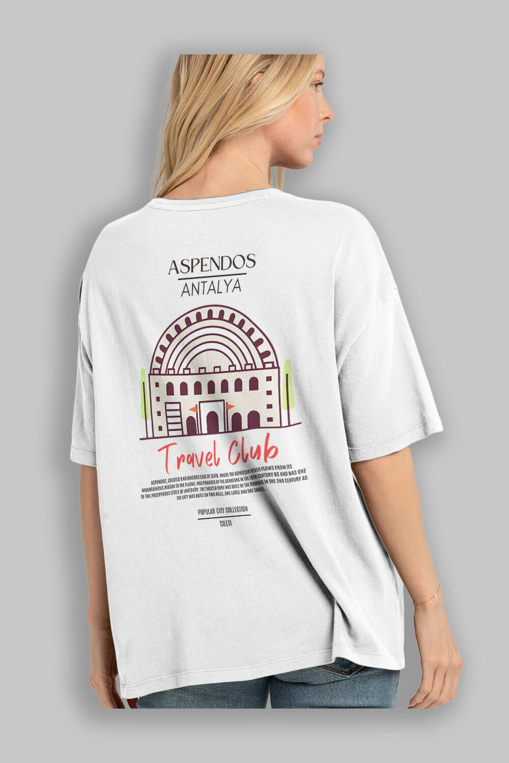 Aspendos Antalya Arka Baskılı Oversize t-shirt Erkek Kadın Pamuk Bisiklet Yaka tişort