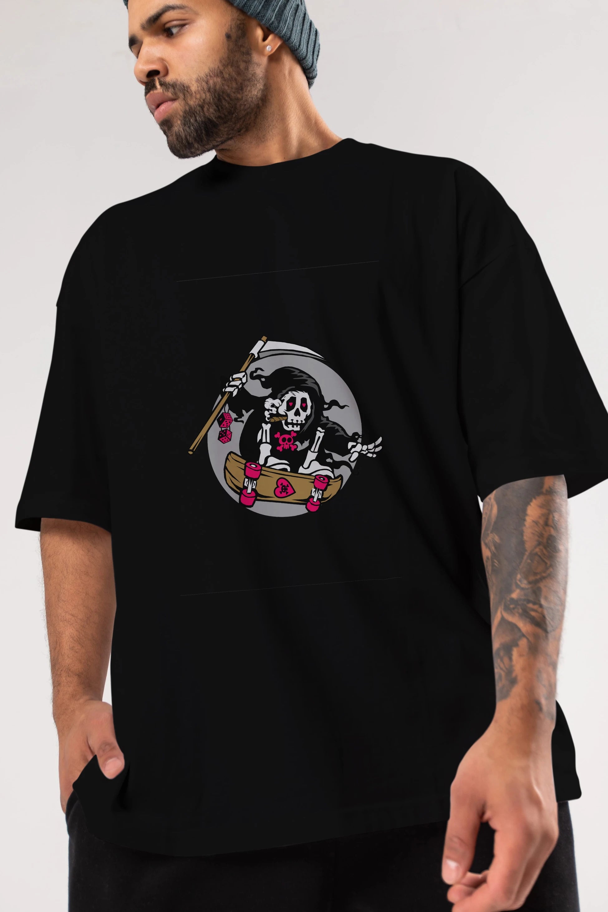 Grim Skater Ön Baskılı Oversize t-shirt Erkek Kadın Unisex %100 Pamuk tişort