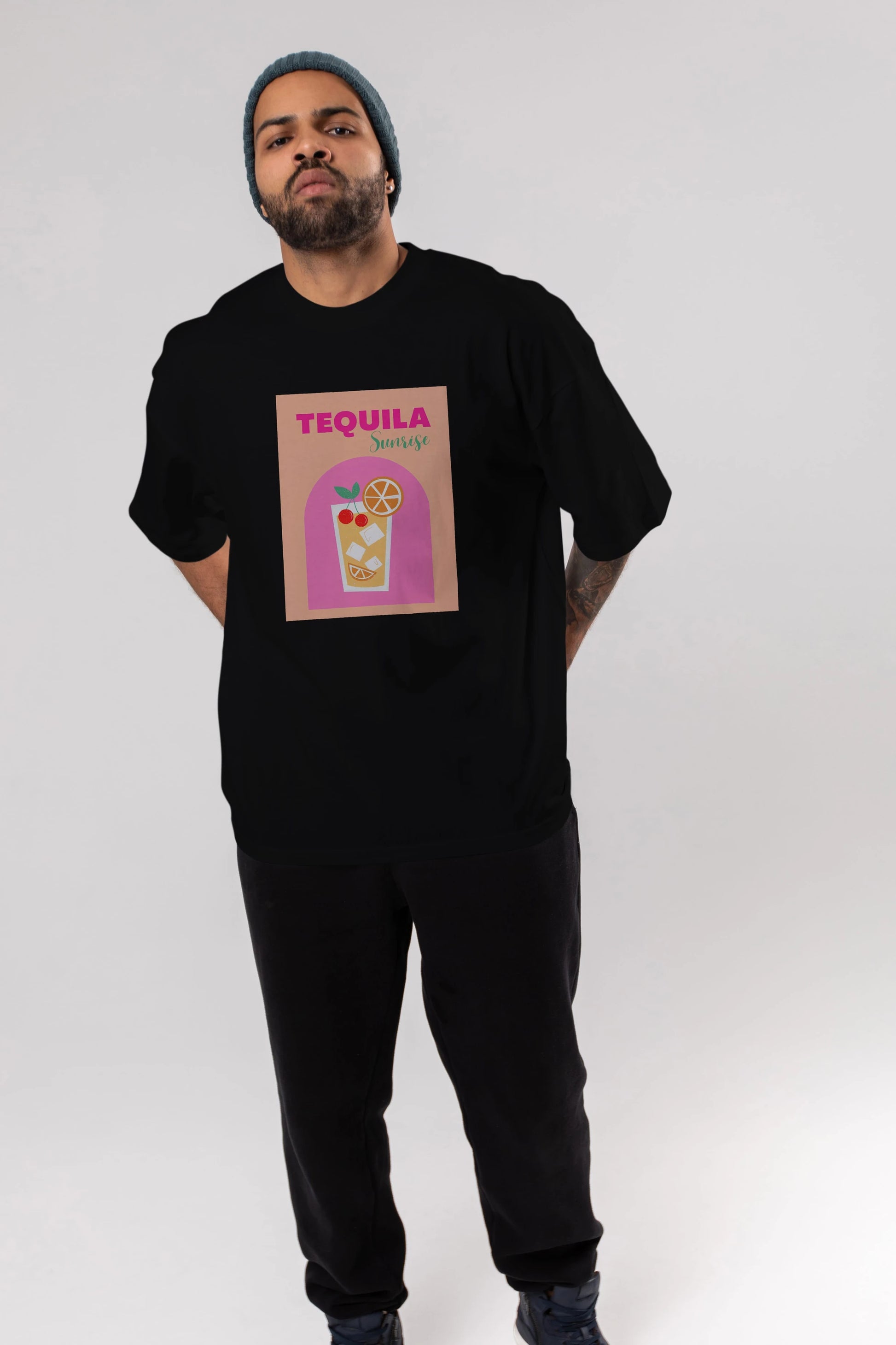 Tequila Sunrise 2 Ön Baskılı Oversize t-shirt Erkek Kadın Unisex %100 Pamuk Bisiklet Yaka tişort