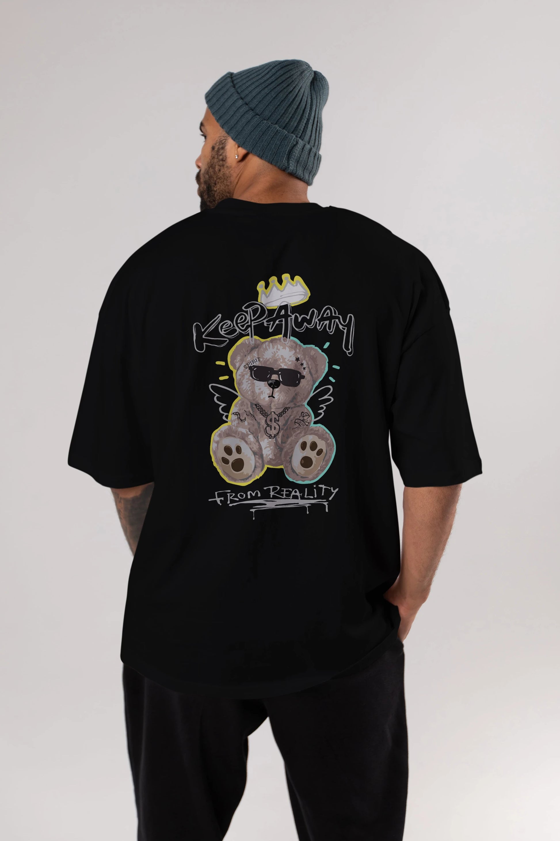 Keep Away Bear Arka Baskılı Oversize t-shirt Erkek Kadın Unisex