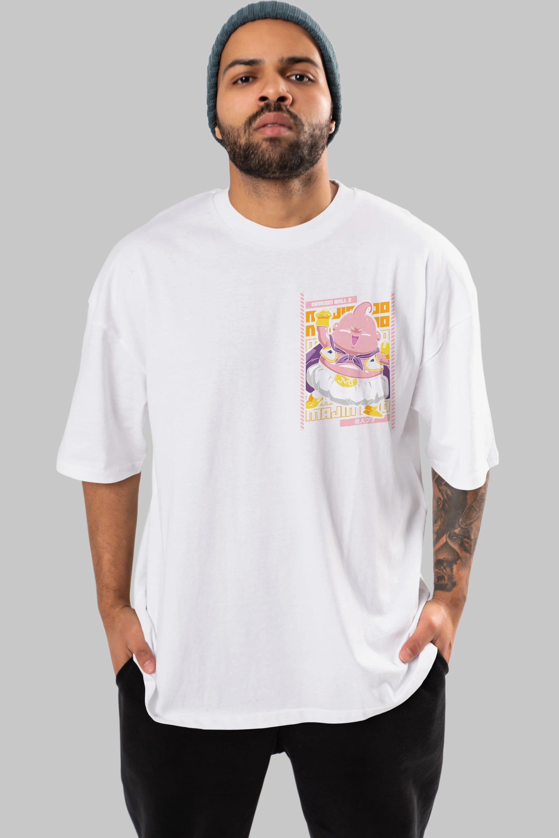 MAJIN BOO1 Ön Sol Baskılı Oversize t-shirt Erkek Kadın Unisex %100 Pamuk Bisiklet Yaka tişort