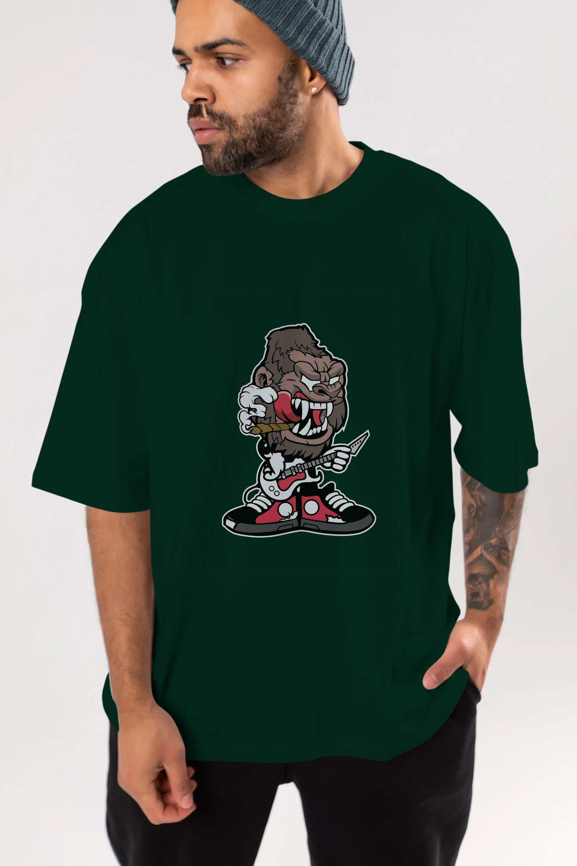 Gorilla Rock Star Ön Baskılı Oversize t-shirt Erkek Kadın Unisex %100 Pamuk tişort