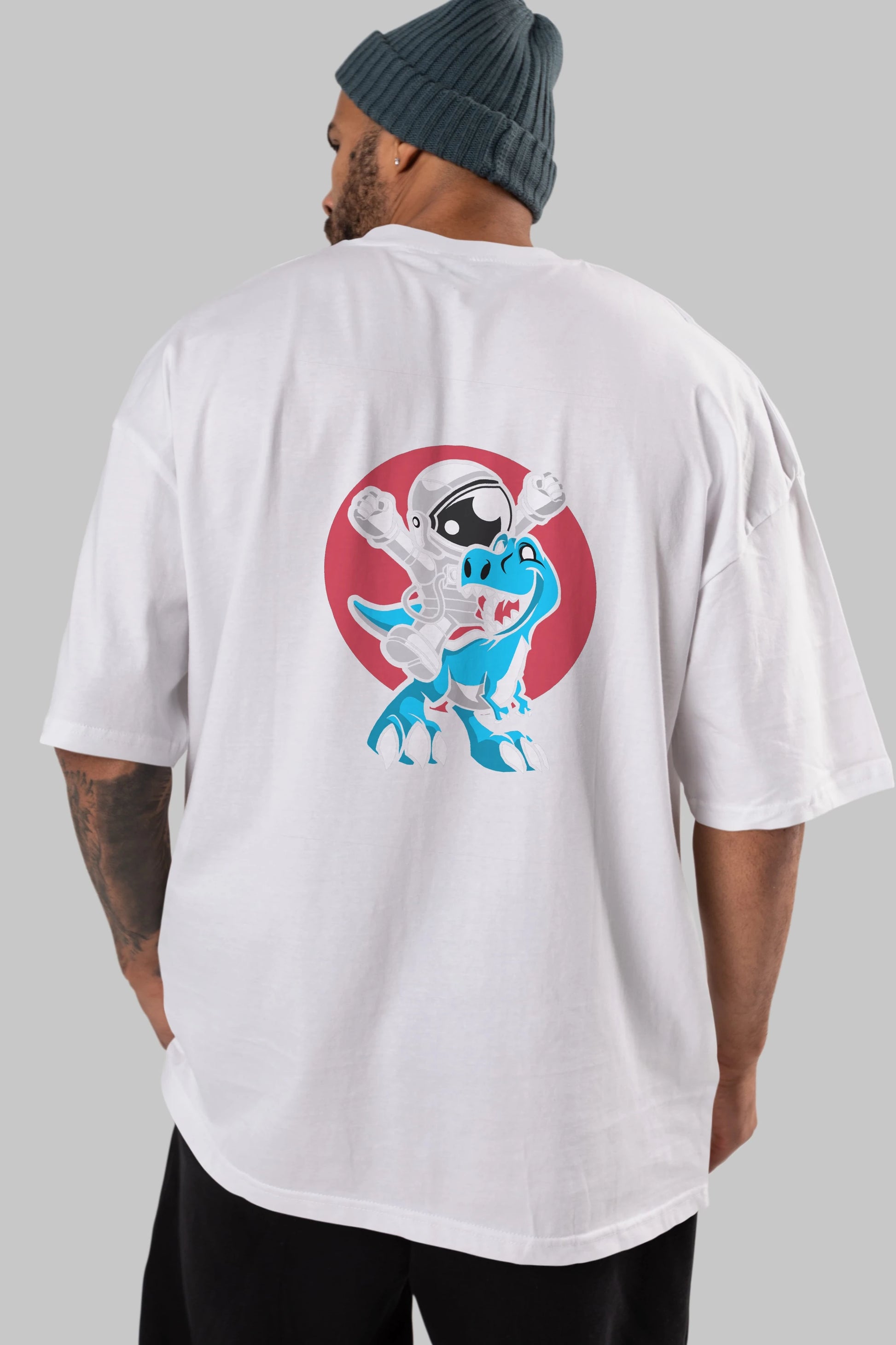 Astronaut Dino Arka Baskılı Oversize t-shirt Erkek Kadın Unisex %100 Pamuk tişort