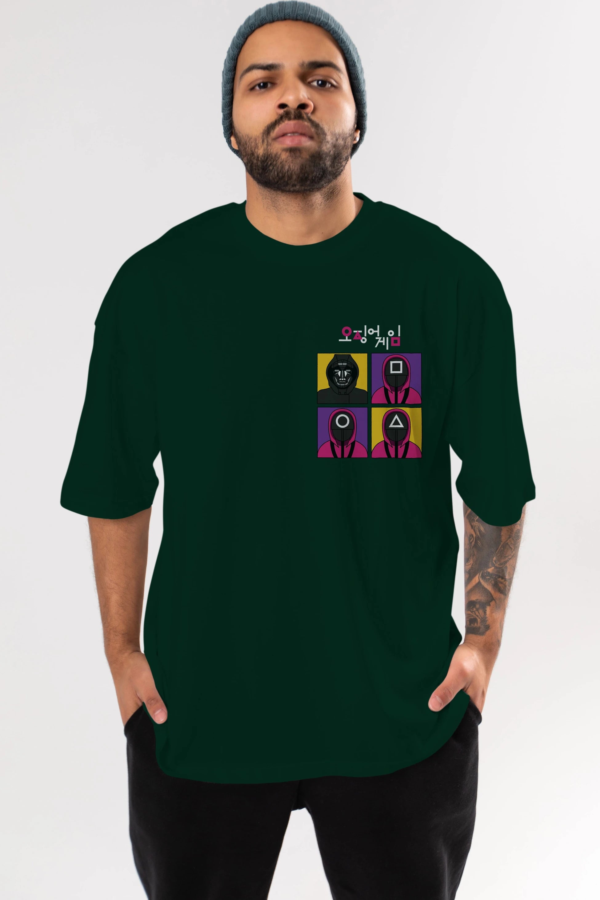 Squid Game (1) Ön Sol Baskılı Oversize t-shirt Erkek Kadın Unisex %100 Pamuk Bisiklet Yaka tişort