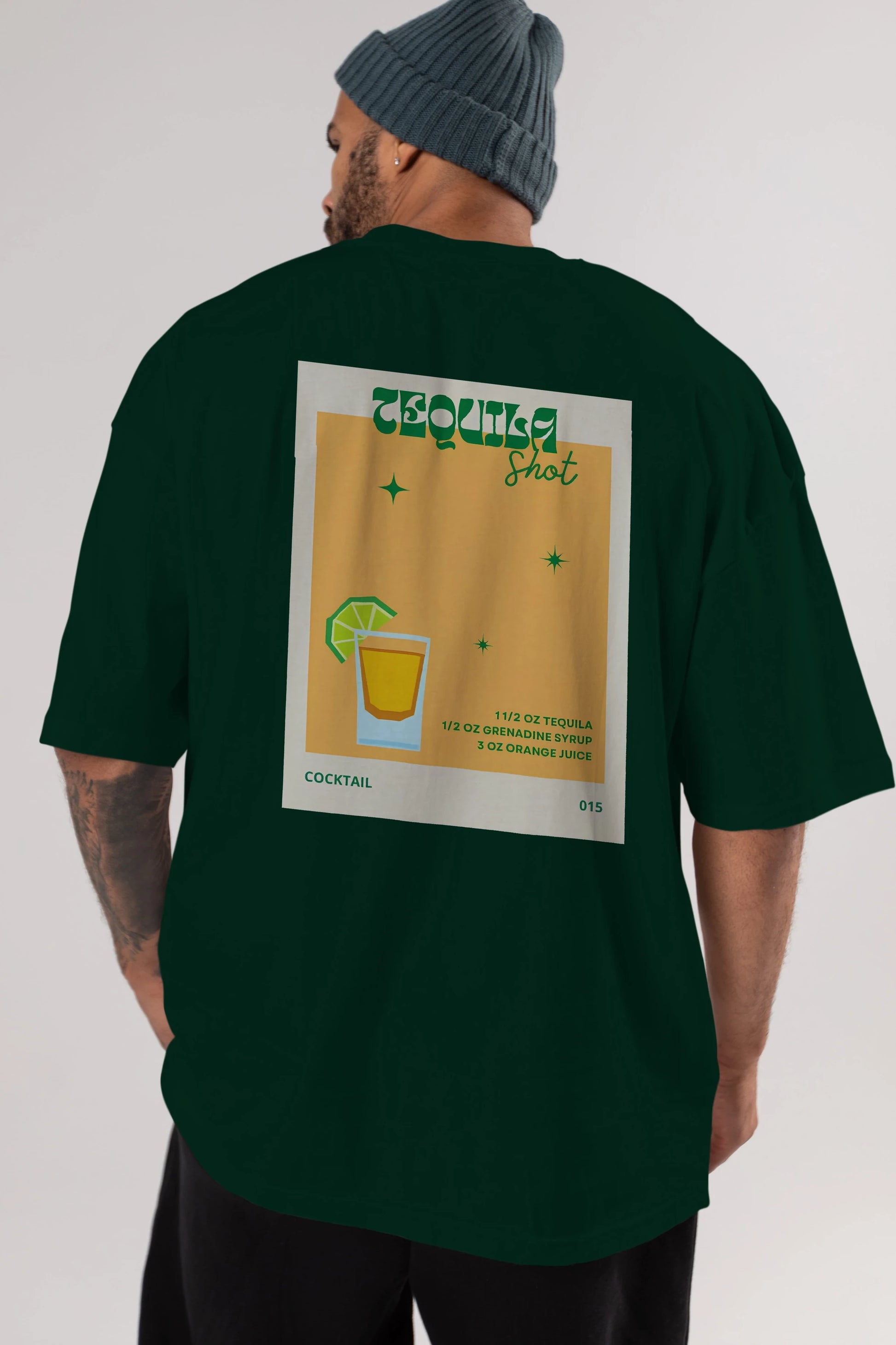 Tequila Shot 2 Arka Baskılı Oversize t-shirt Erkek Kadın Unisex %100 Pamuk Bisiklet Yaka tişort