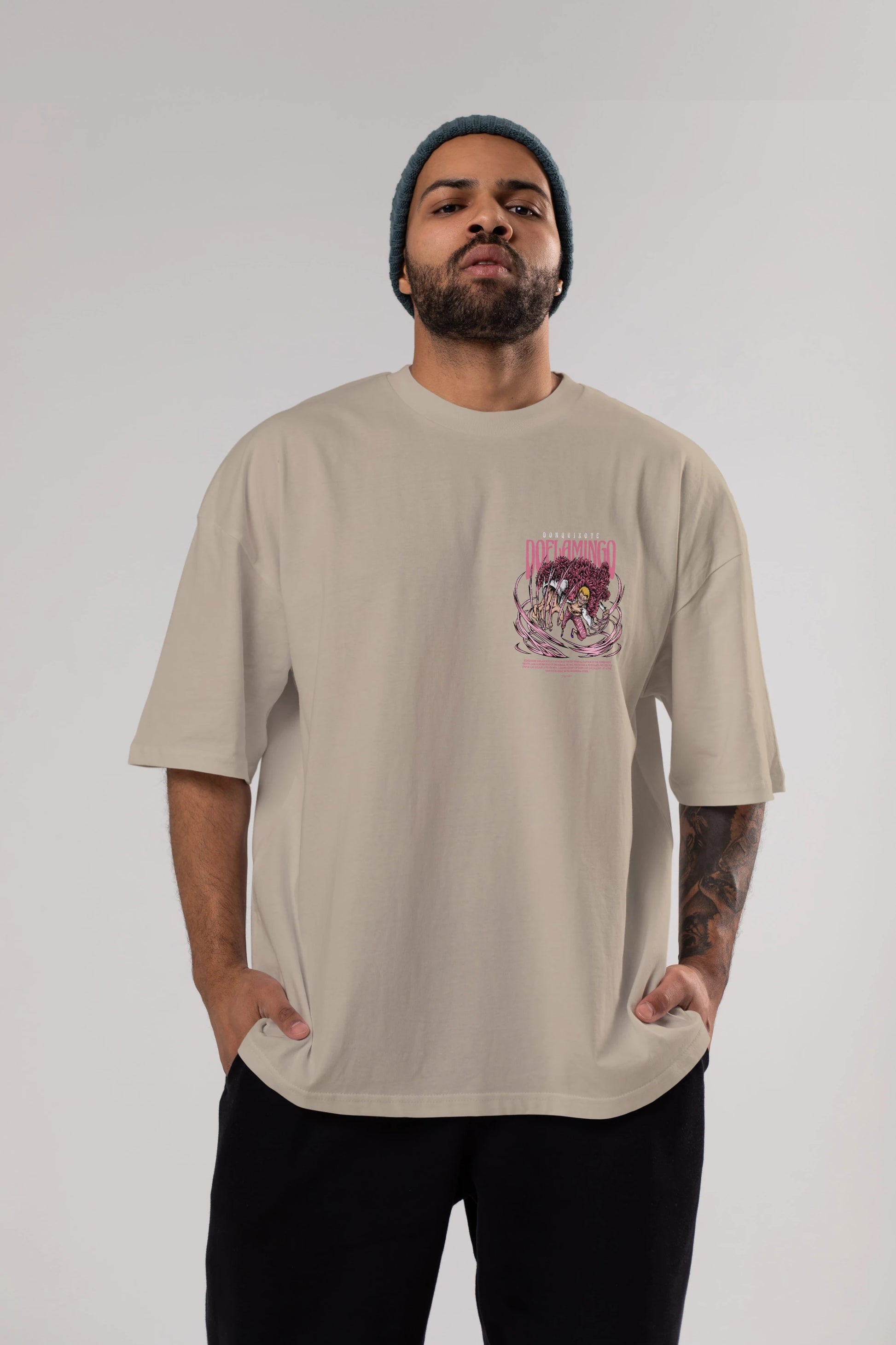 Doflamingo Ön Sol Baskılı Oversize t-shirt Erkek Kadın Unisex %100 Pamuk Bisiklet Yaka tişort