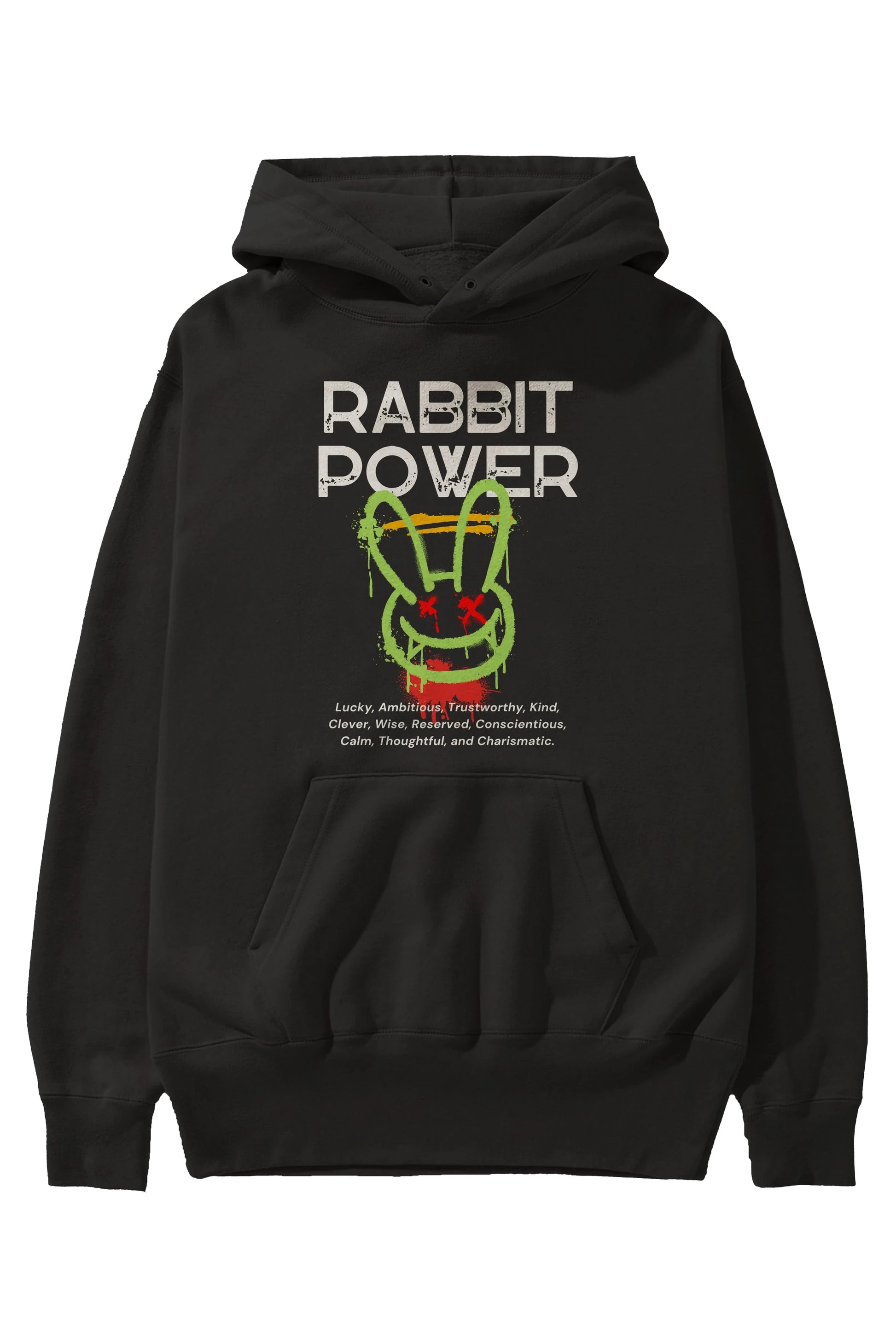 Rabbit Power Yazılı Ön Baskılı Oversize Hoodie Kapüşonlu Sweatshirt Erkek Kadın Unisex