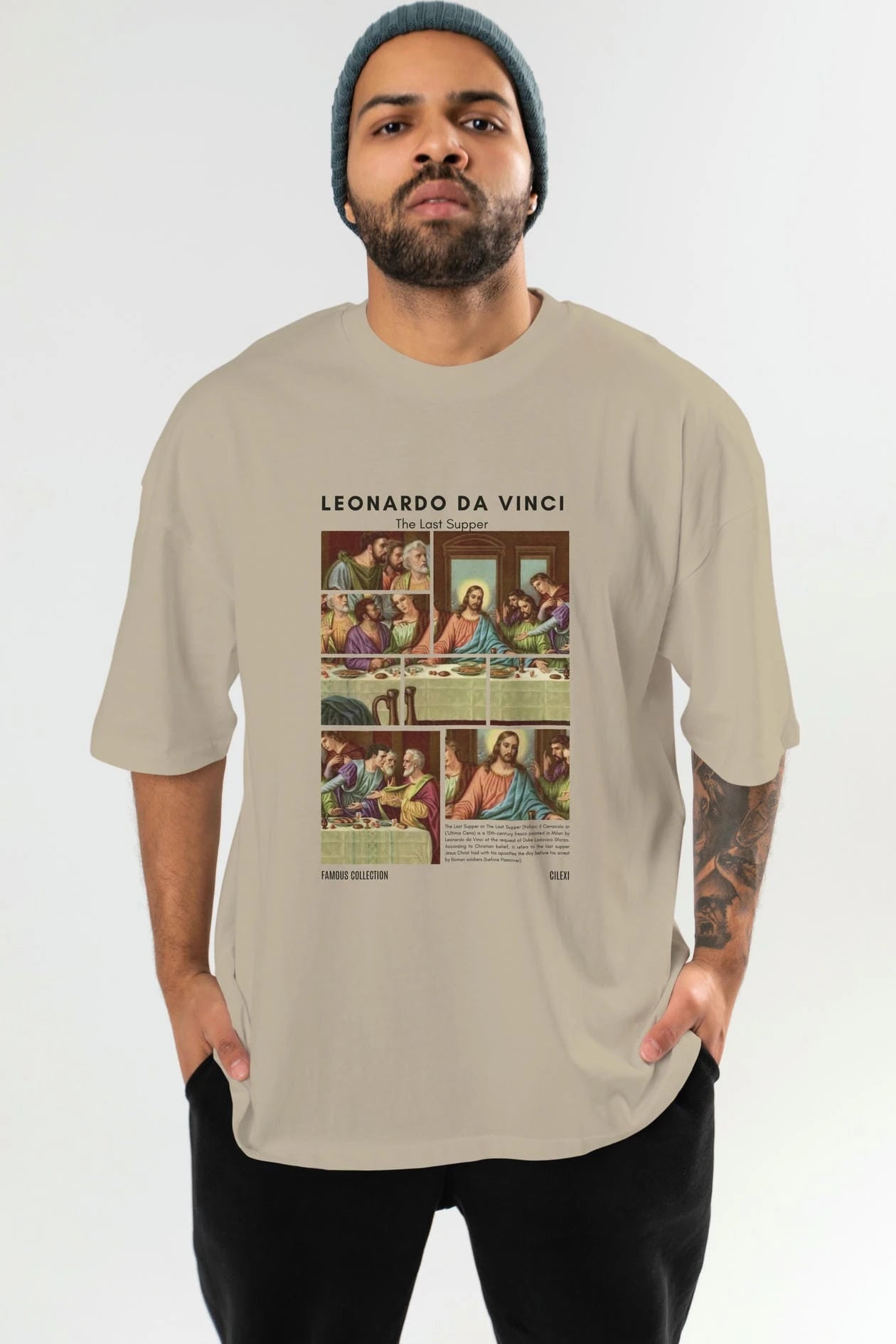 Leonardo Da Vinci ön Baskılı Oversize t-shirt Erkek Kadın Bisiklet Yaka Pamuk tişort