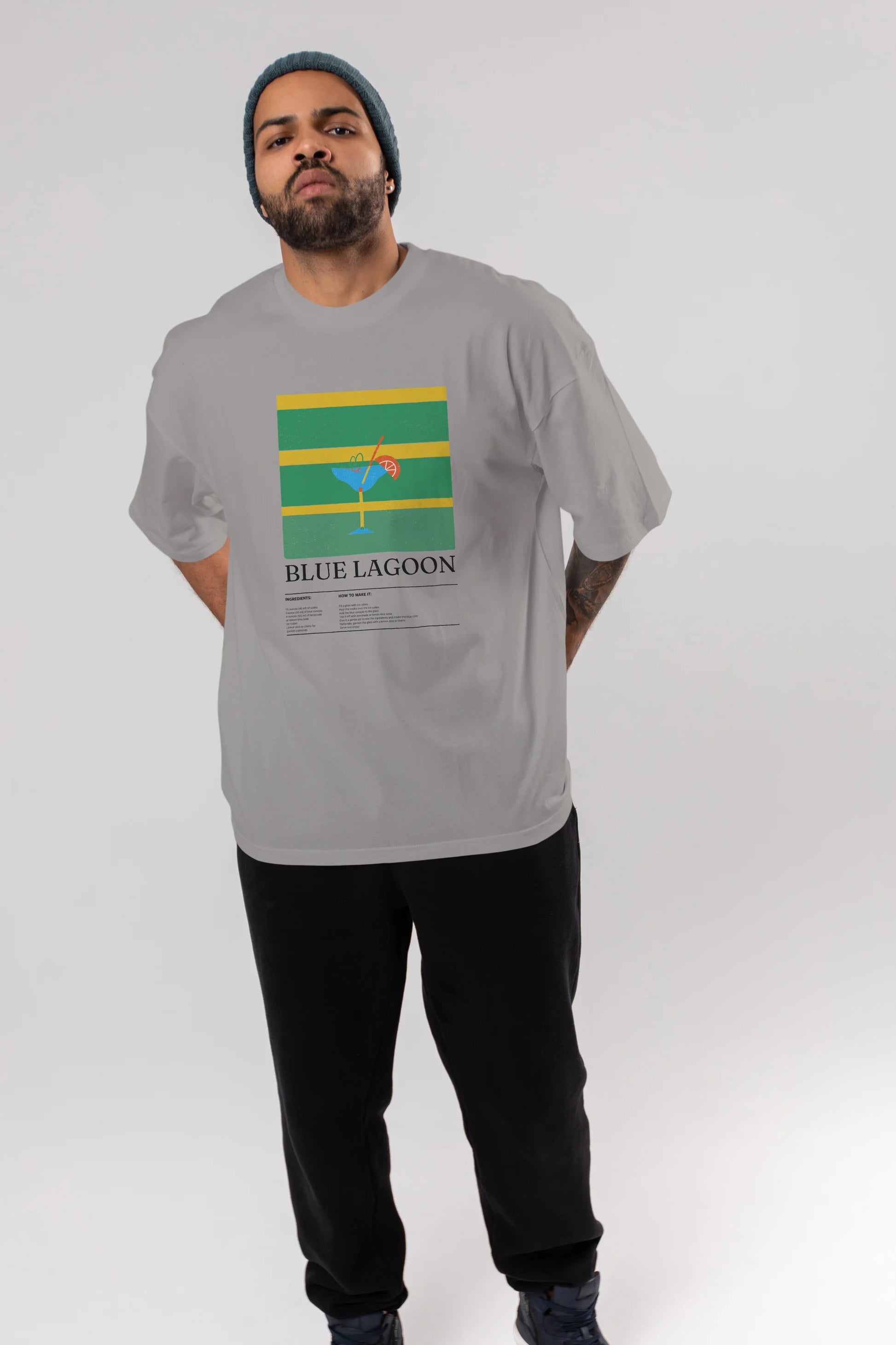 Blue Lagoon Kokteyl Ön Baskılı Oversize t-shirt Erkek Kadın %100 Pamuk Bisiklet Yaka tişort