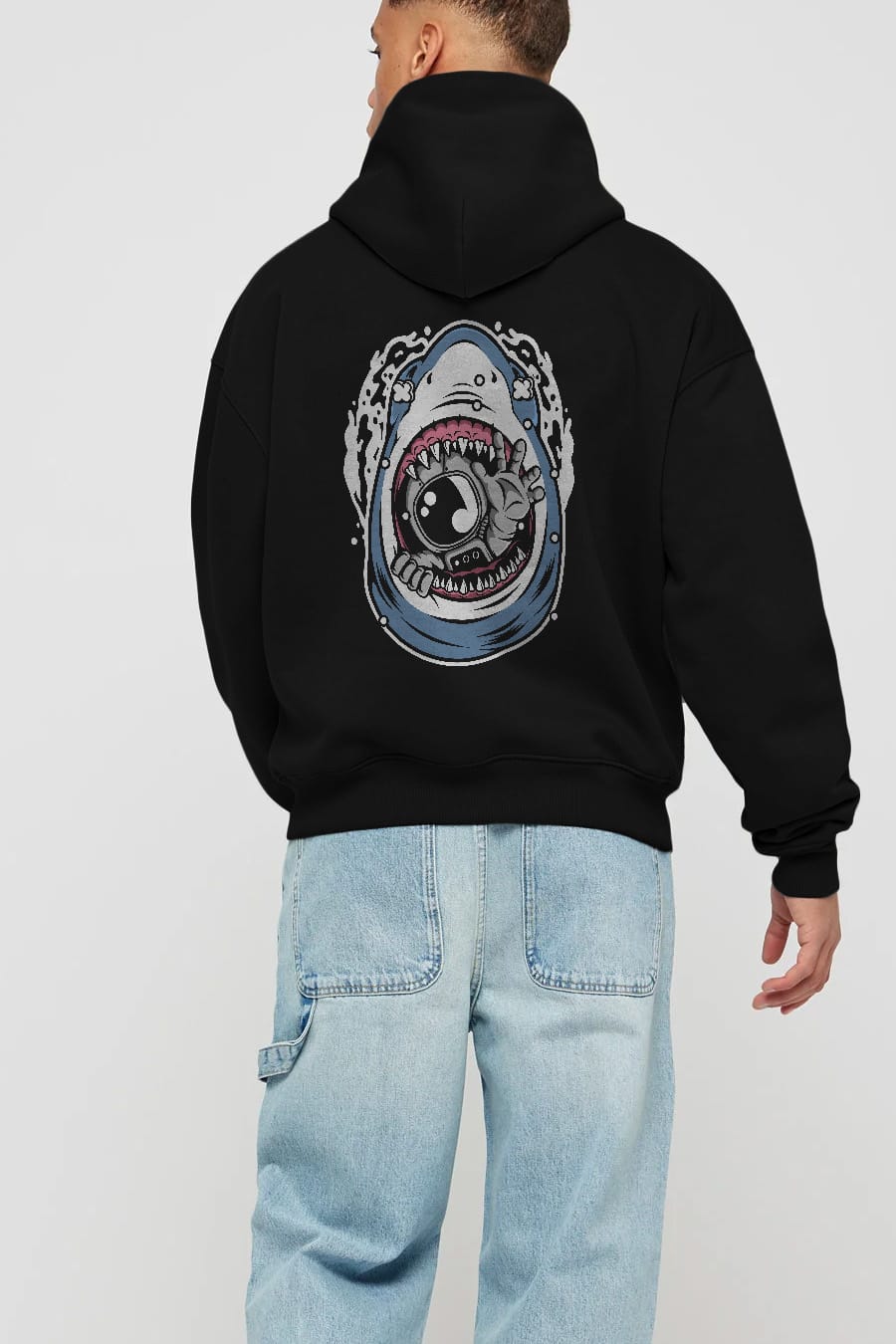 Astronaut Shark Arka Baskılı Hoodie Oversize Kapüşonlu Sweatshirt Erkek Kadın Unisex