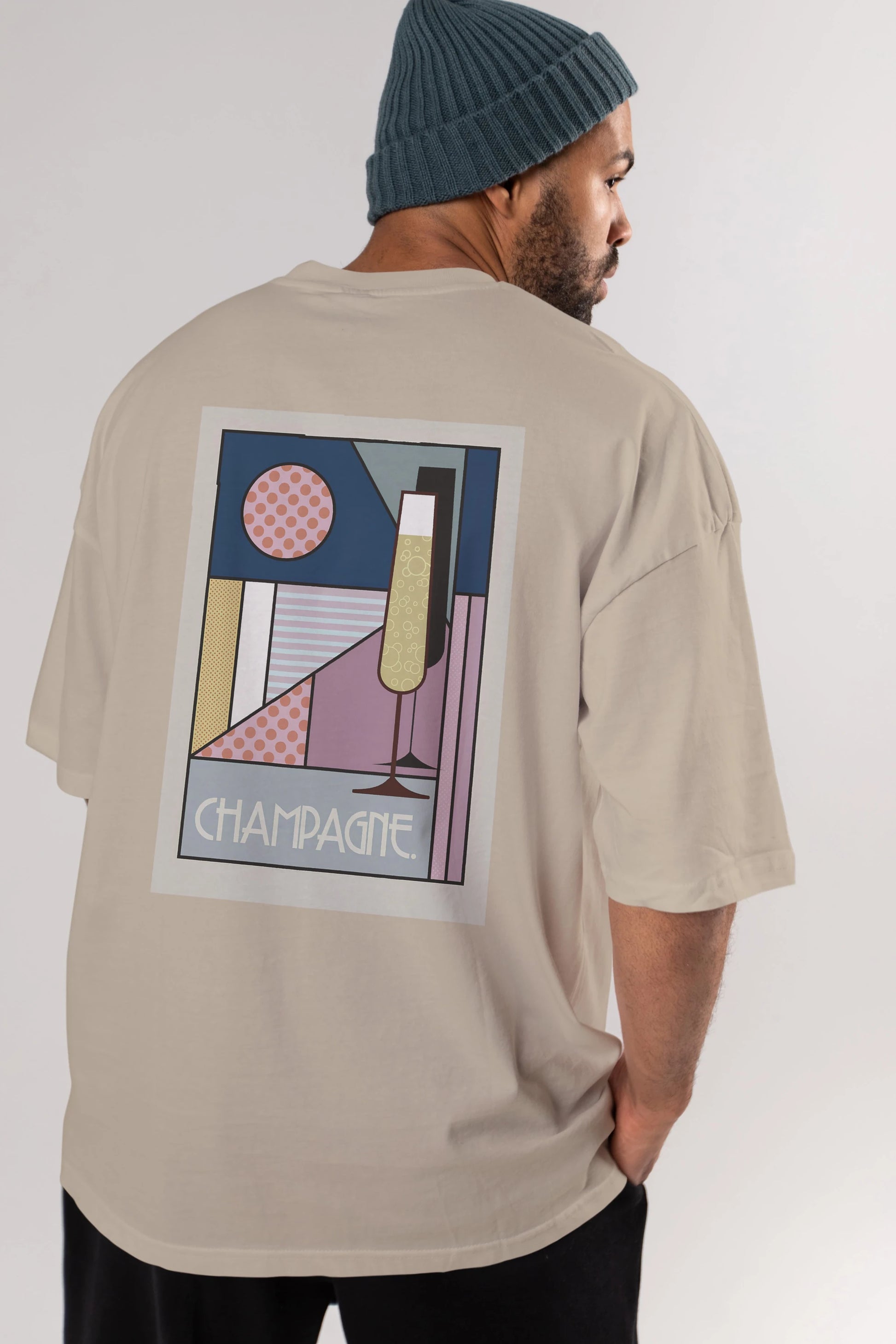 Champagne Arka Baskılı Oversize t-shirt Erkek Kadın Unisex %100 Pamuk Bisiklet Yaka tişort