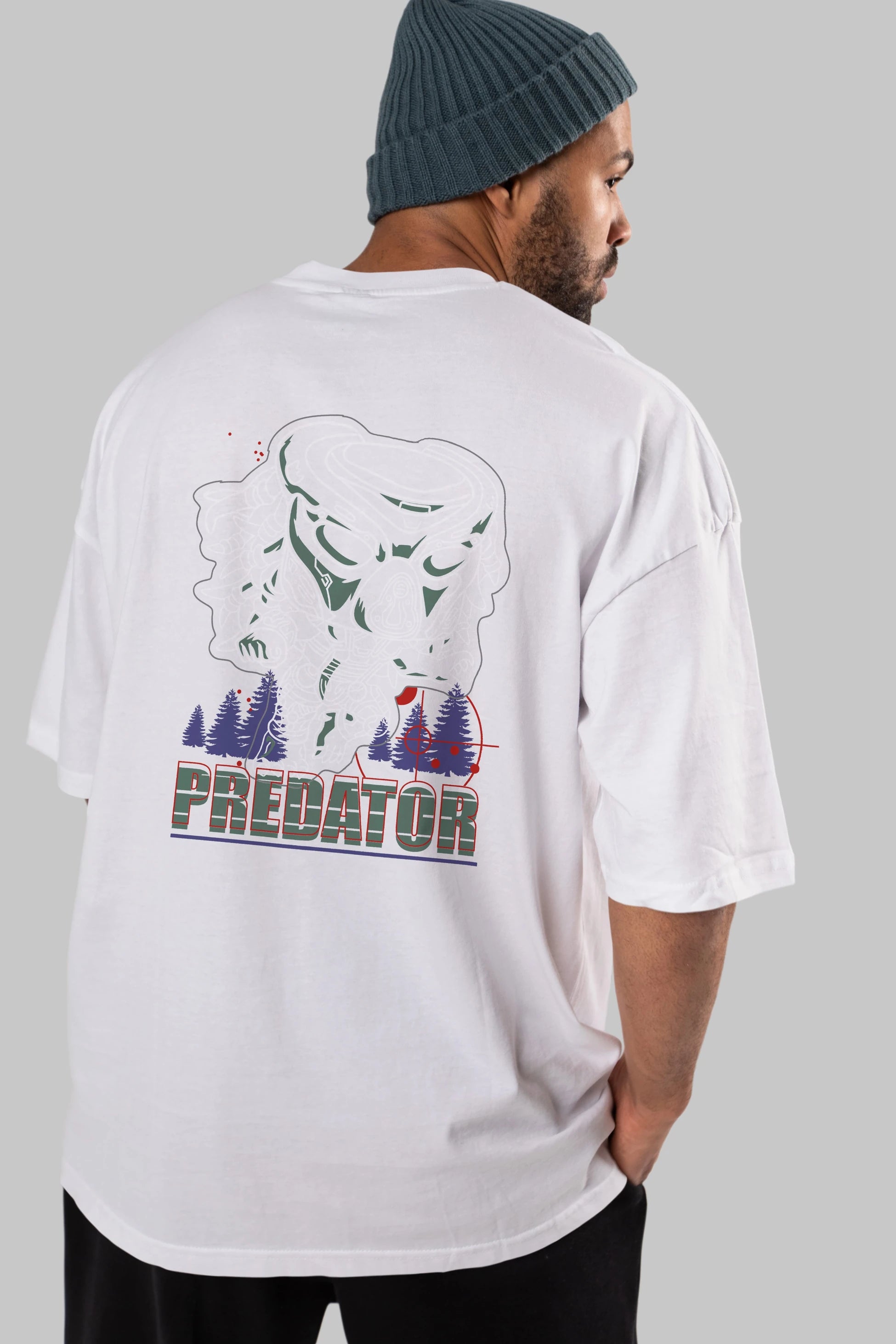 Predator Arka Baskılı Oversize t-shirt Erkek Kadın Unisex %100 Pamuk Bisiklet Yaka tişort