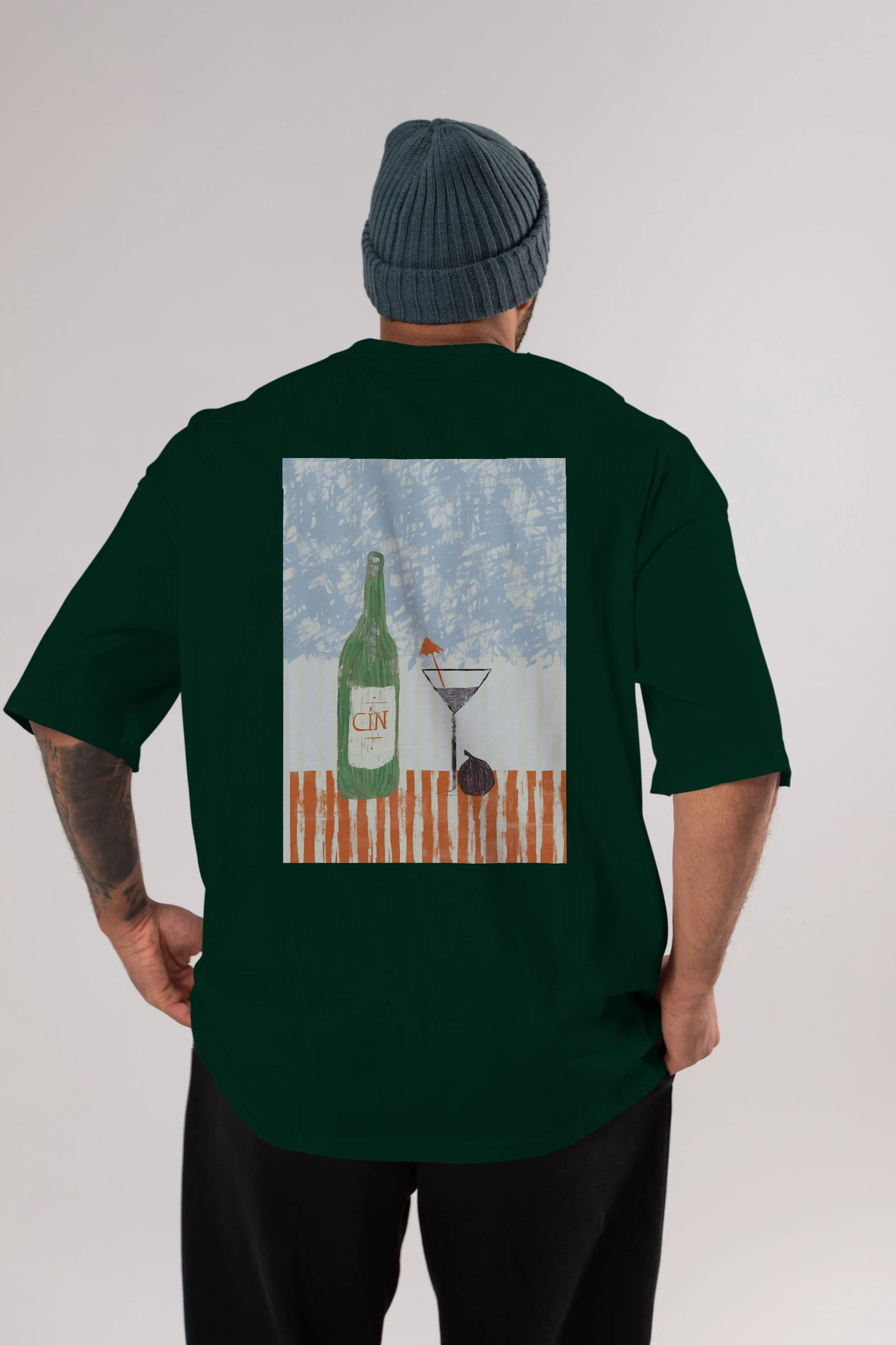 Gin Arka Baskılı Oversize t-shirt Erkek Kadın Unisex %100 Pamuk Bisiklet Yaka tişort
