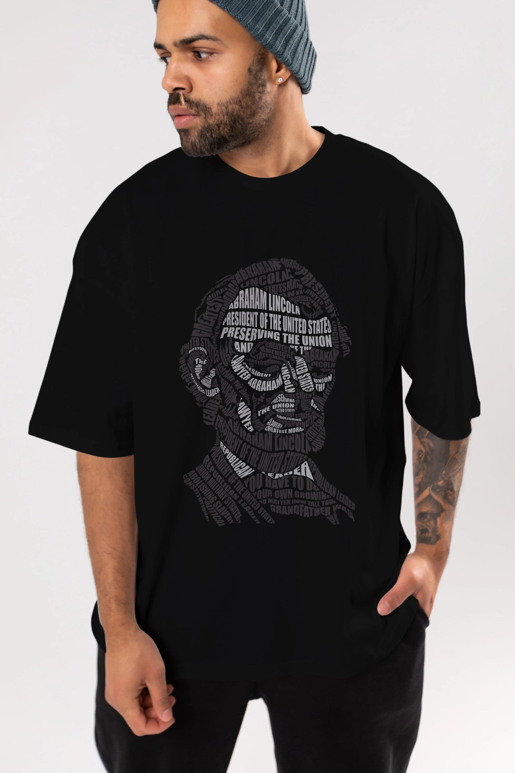 Abraham Lincoln Calligram Ön Baskılı Oversize t-shirt %100 pamuk Erkek Kadın Unisex