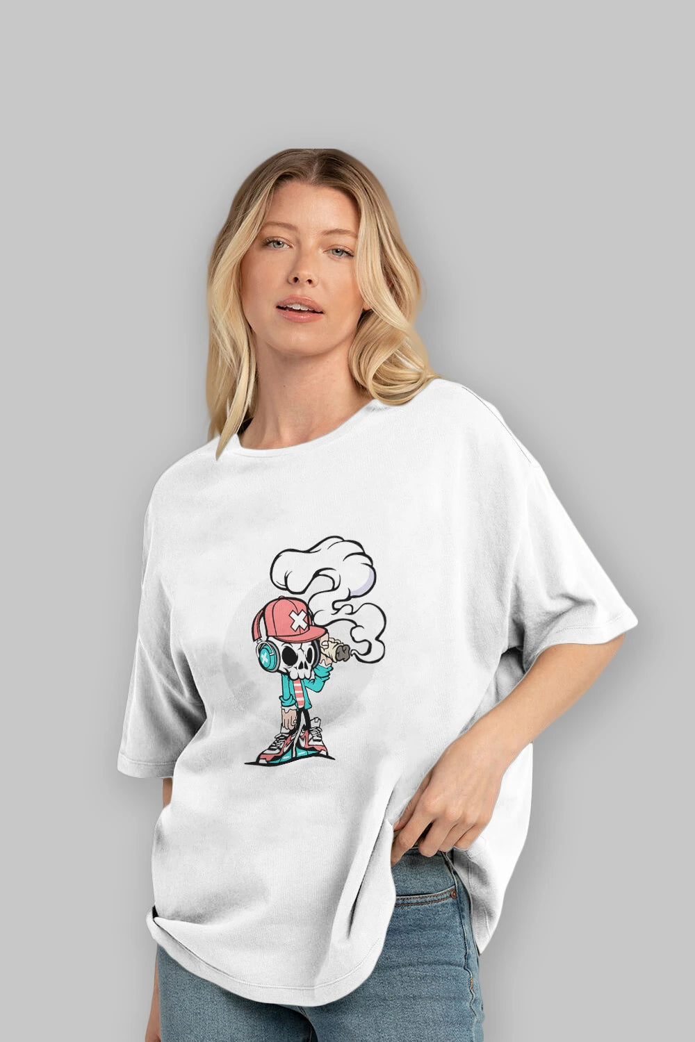 Skull Headphone Ön Baskılı Oversize t-shirt Erkek Kadın Unisex %100 Pamuk tişort