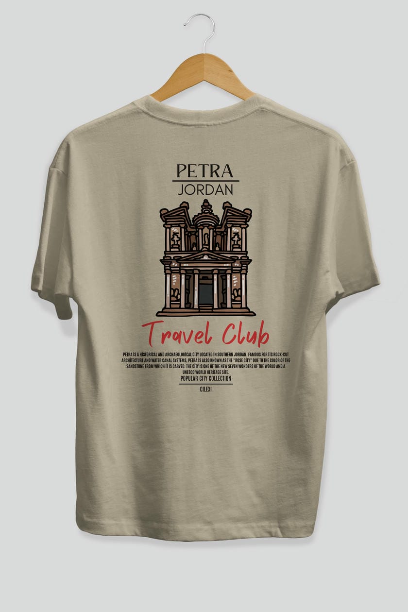 Petra Jordan Arka Baskılı Oversize t-shirt Erkek Kadın Pamuk Bisiklet Yaka tişort