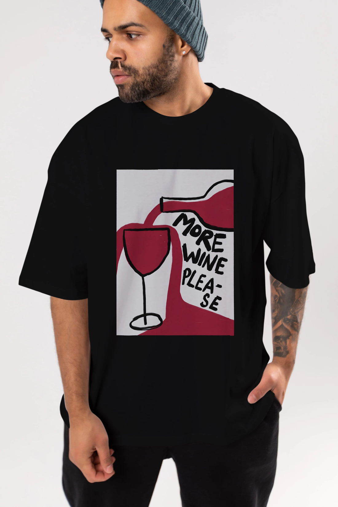 More Wine Please Ön Baskılı Oversize t-shirt Erkek Kadın Unisex %100 Pamuk Bisiklet Yaka tişort